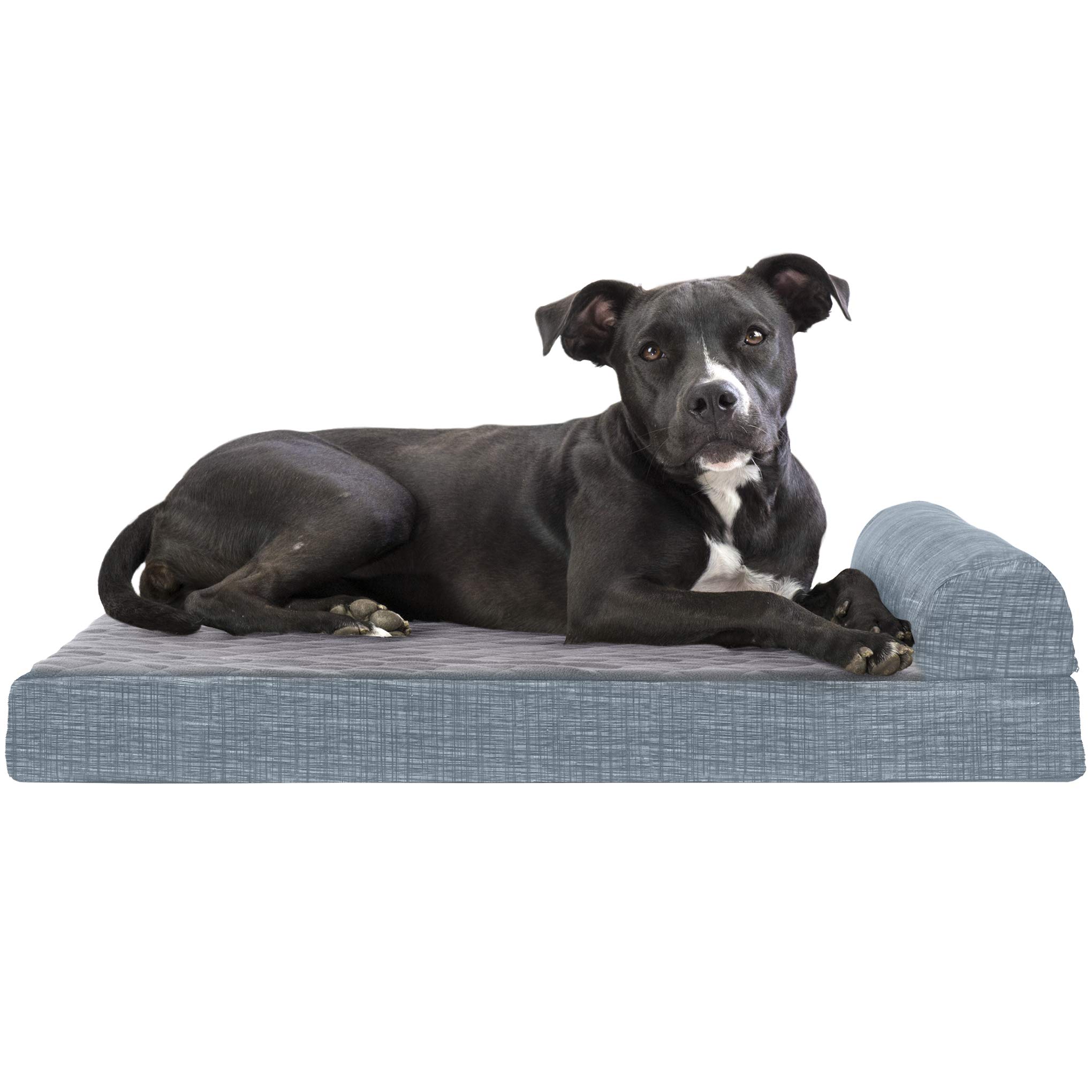 Furhaven Pet 43339287 Medium Quilted Fleece & Print Suede Chaise Lounge Orthopedic Sofa Pet Bed, Titanium