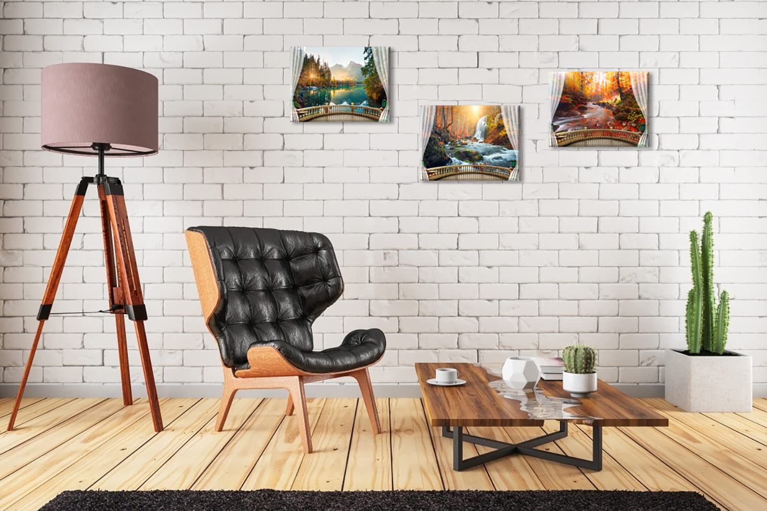 Quadri Su Tela Paesaggio Cascata - Set 3 Pezzi 30x30cm, Con Cornice, Per Parete - Foto 6