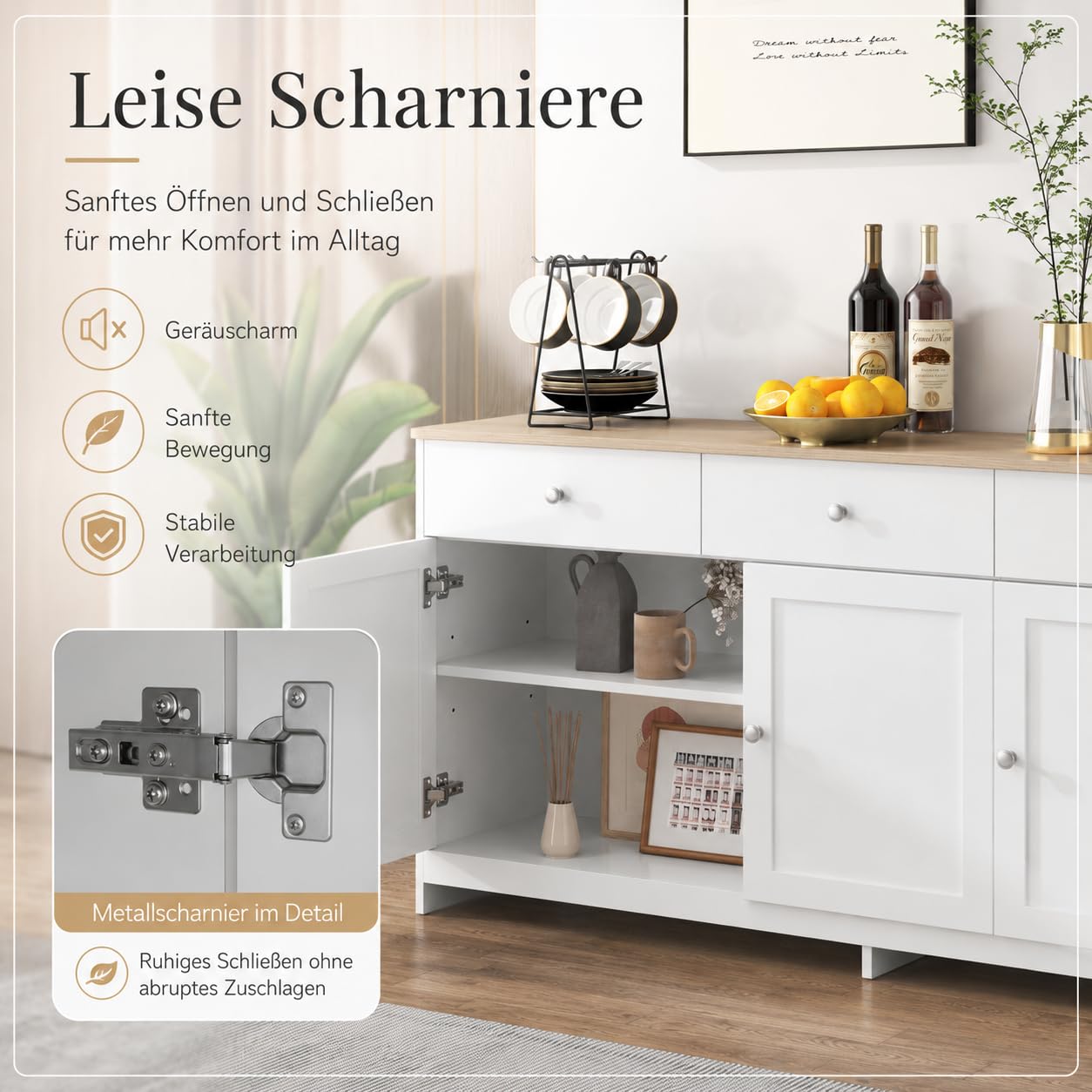 Credenza Cucina, Credenza Buffet con 4 Ante e 3 Cassetti, Ideale per Soggiorno, Ingresso, Foyer e Sala da Pranzo, Stile Country, 160x37x75cm, Colore Bianco