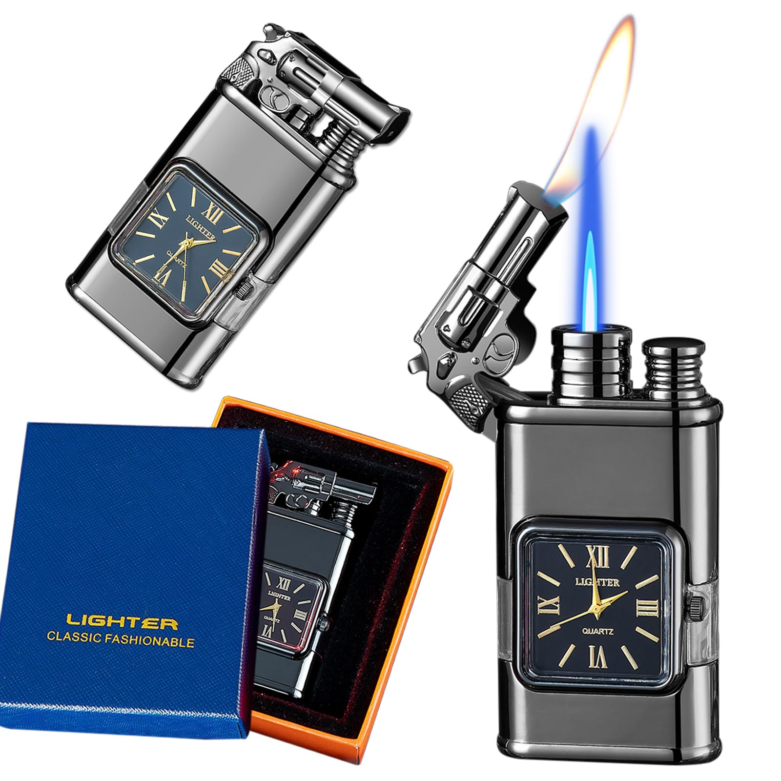 Torch Lighter, Fashion Magic Dual Flame Jet Lighter, Windproof Adjustable Jet Flame and Soft Flame, Refillable Butane Torch Lighter for Outdoor Indoor Men Women (Without Butane)-Black2