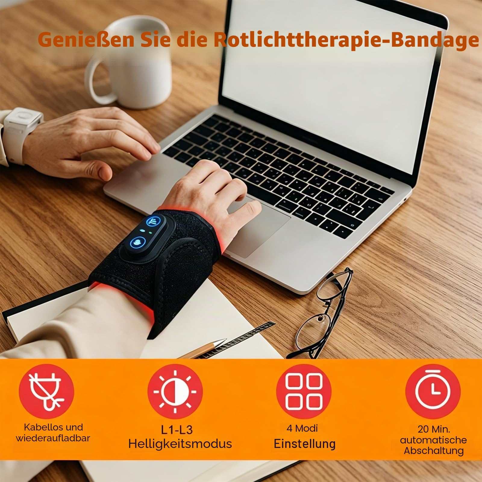 Neroos Flow Karpaltunnel, 660 nm Rotlicht und 880 nm Infrarotlicht Handgelenkmassagegerät mit 3 Wärmestufen, Touch-Steuerung mit automatischer Abschaltung für Büro, Zuhause