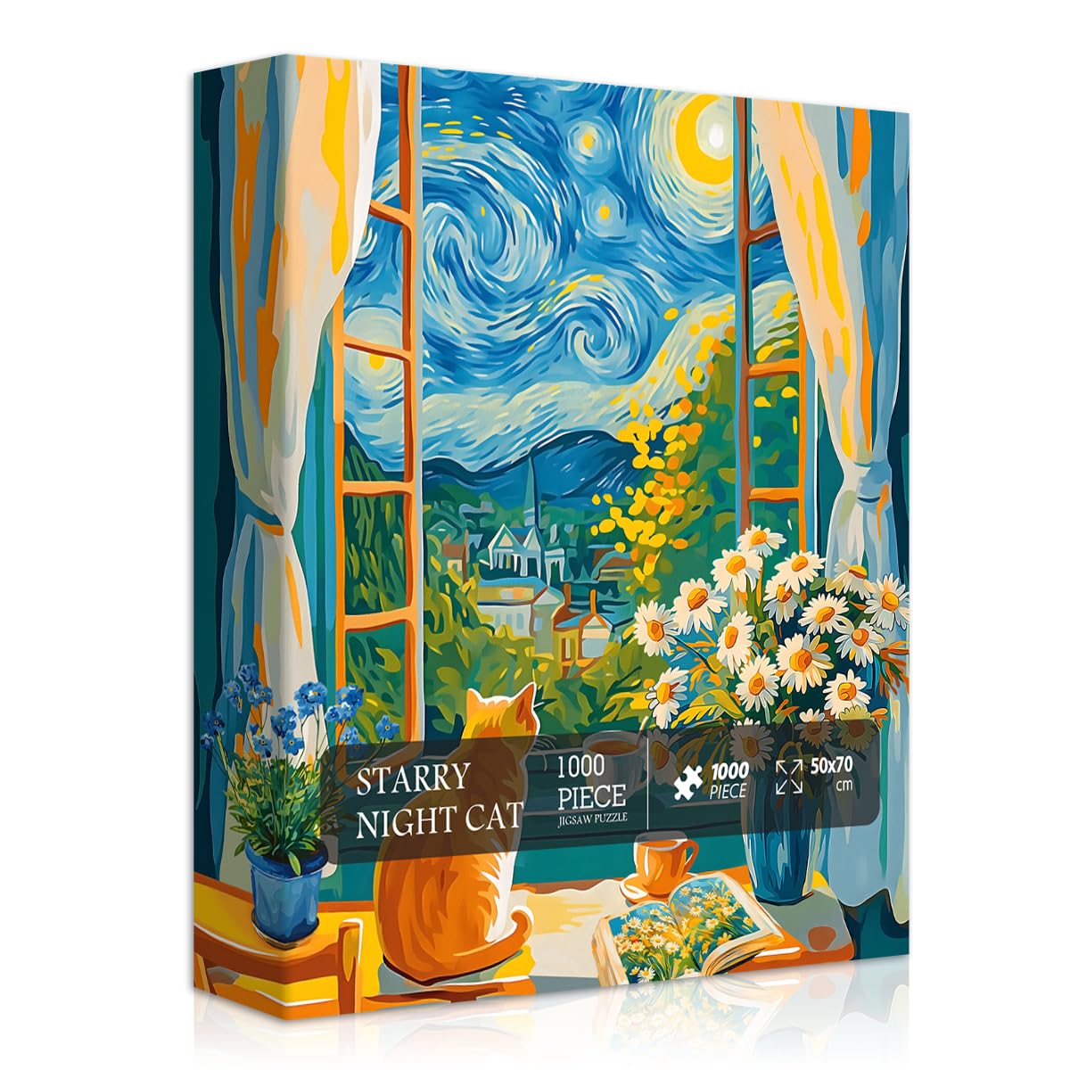 Cat Puzzles for Adults 1000 Pieces,Starry Night Puzzle Art, Book Kitten Flower Puzzle,Moonlit Kitty Floral Jigsaw Puzzle Scenic