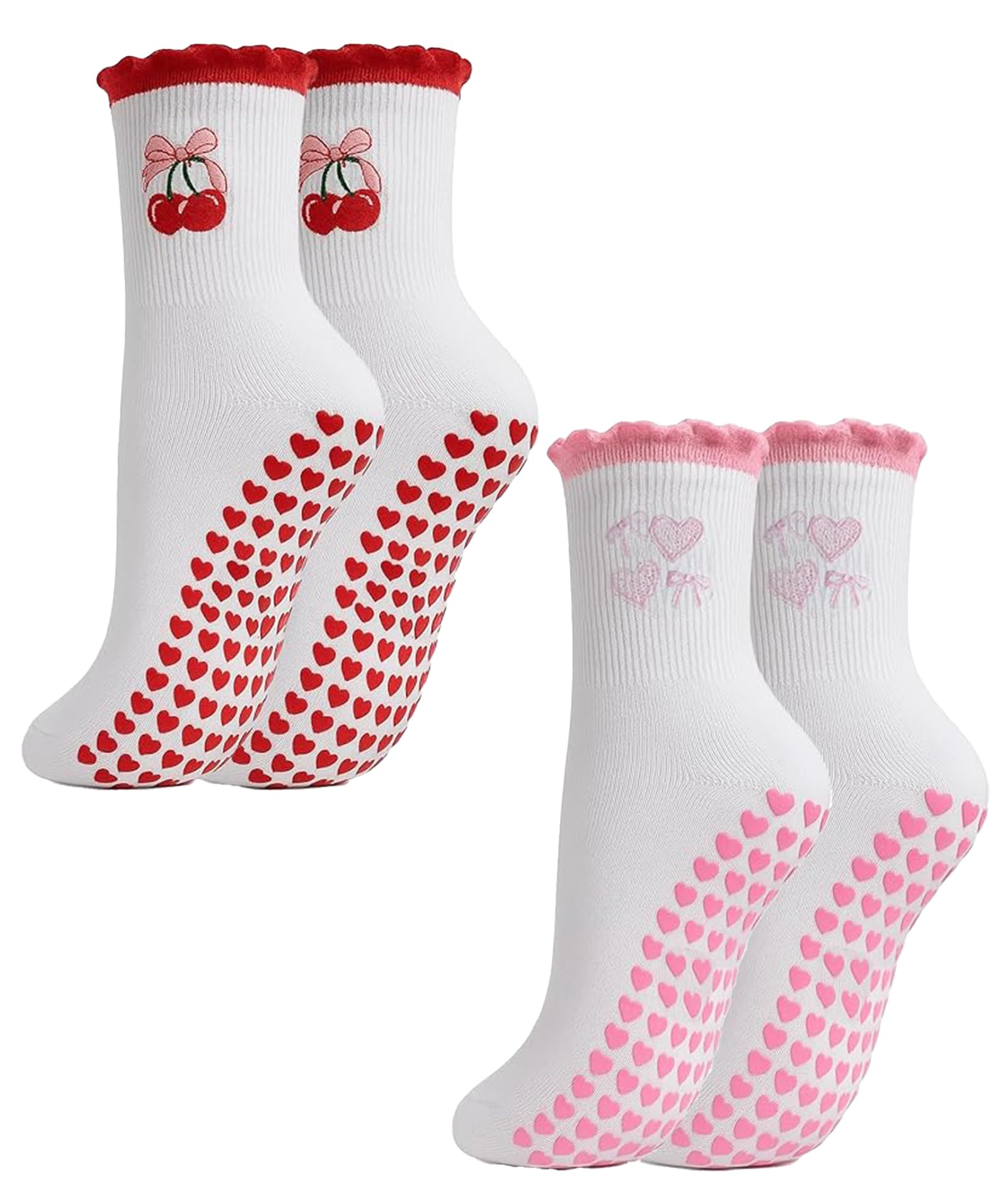 2Pairs Pilates Socks, Pilates Socks for Women, Socks with Rubber Sole, Anti-Slip Footwear with Rubber Sole, Red Cherry and Pink Heart Embroidery, Ideal for Yoga, Barre, Dance, Gym or Stretching
