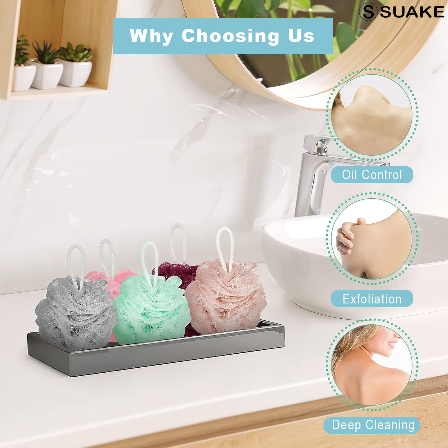 SUAKE Loofah for Bathing – Loofah Scrub Sponge & Body Exfoliator for Men & Women | Soft Shower Loofah with Hanging Handle & Wall Hook – Gentle Bathing Puff - Image 7 thumbnail