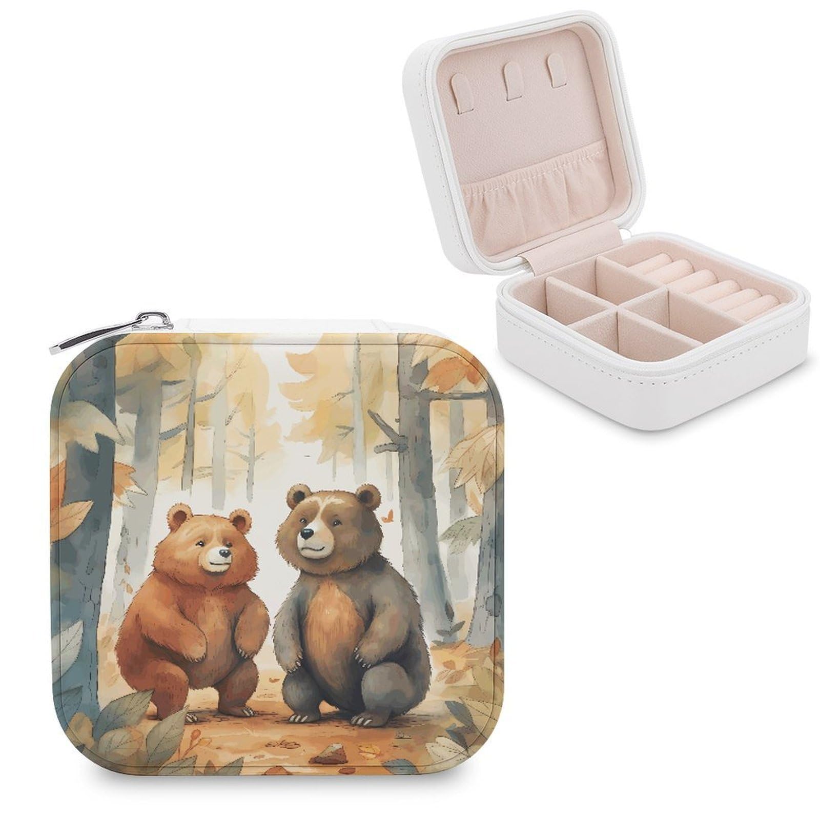VstaDank Bear in Woods Jewelry Box Portable Mini Travel Case Display Storage Holder Boxes PU Leather Small Jewelry Organizer for Women for Stud Earrings Rings Necklaces Bracelets