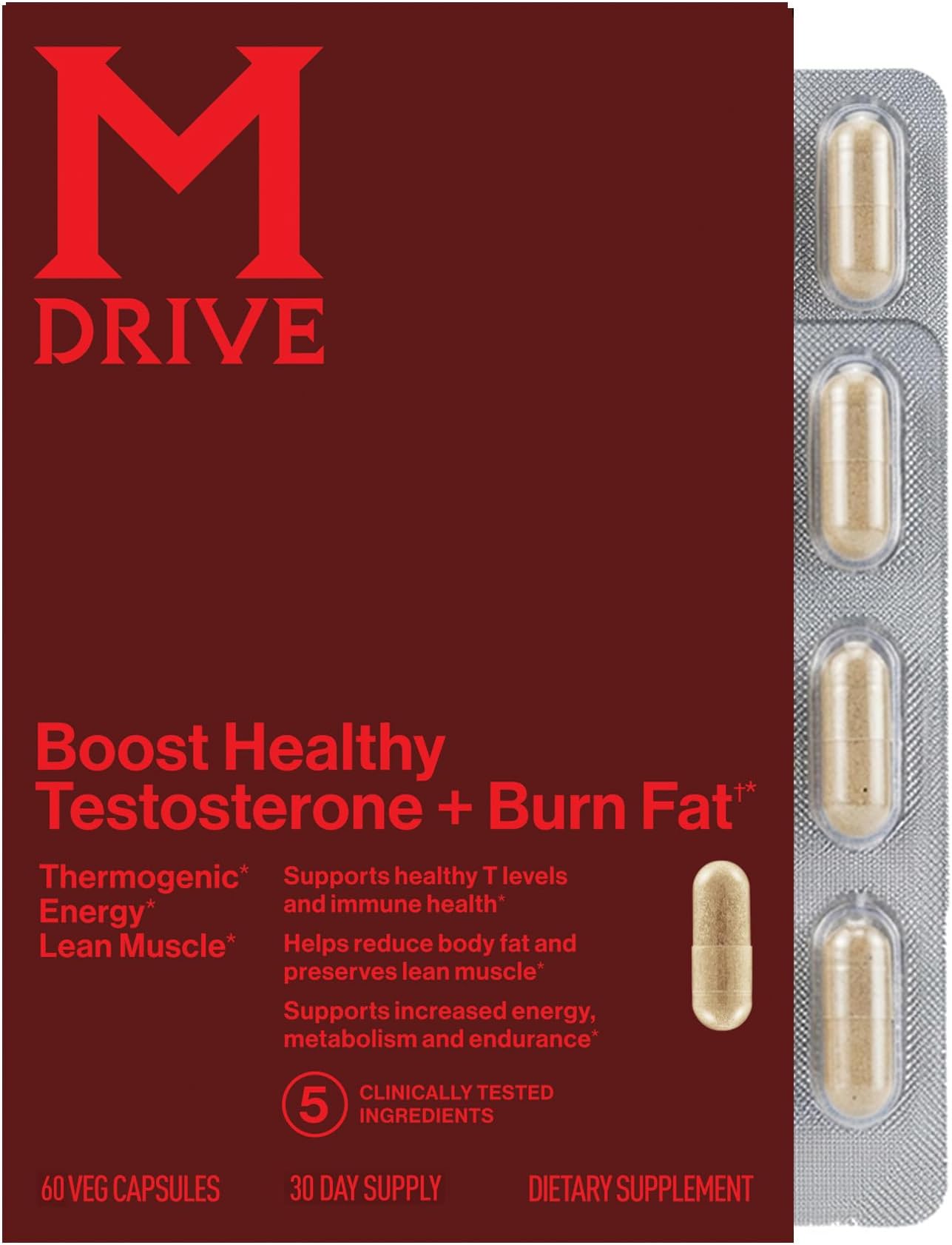 Mdrive Boost and Burn Testosterone Booster & Fat Burner for Men, 60 Caps | KSM-66 Ashwagandha; Chromax chromium; Thermogenic formula; Boosts energy & endurance; Supports lean muscle; 30-day supply