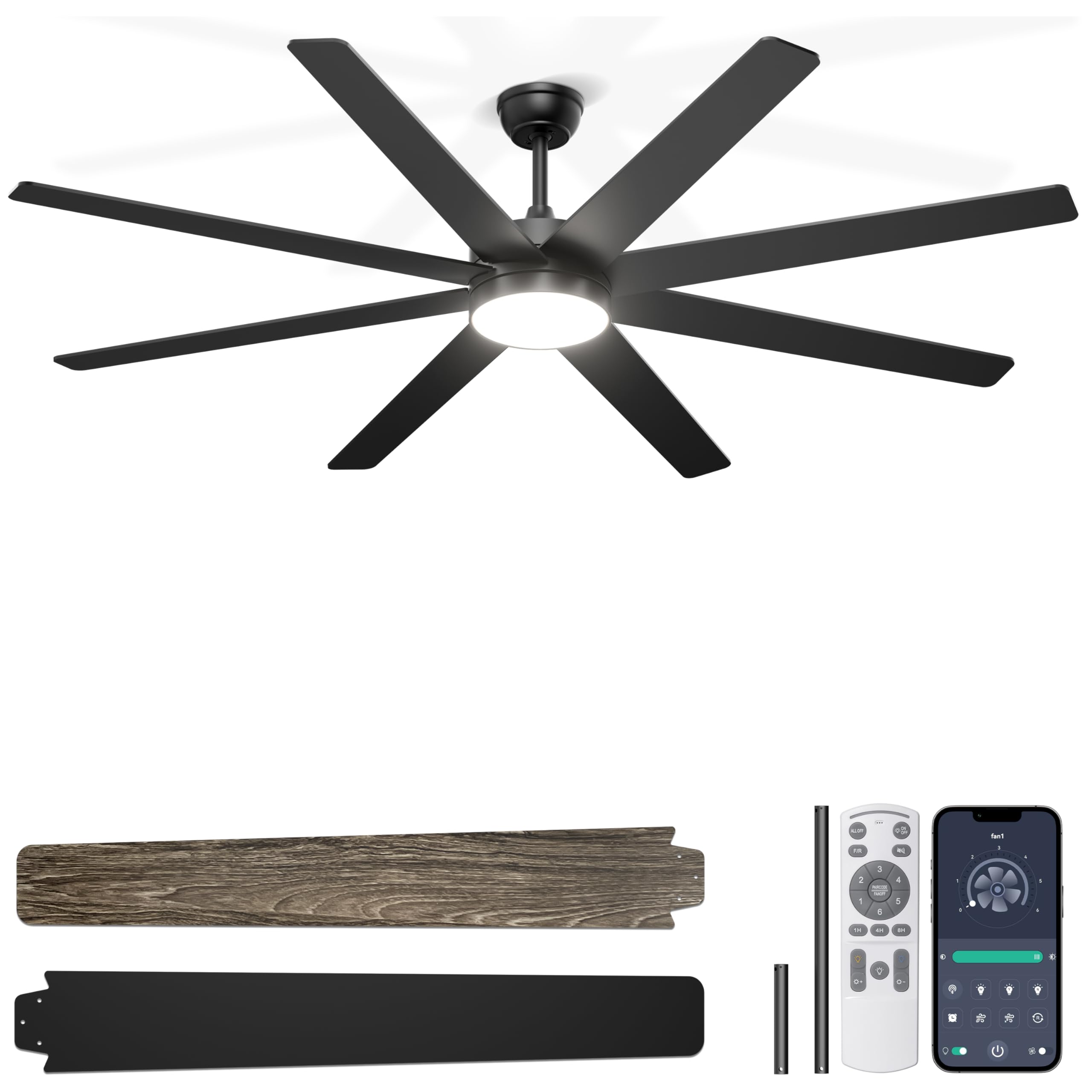 72 Large Ceiling Fans with Lights Modern Black Ceiling Fan Remote APP Control Dimmable Quiet DC Motor Big