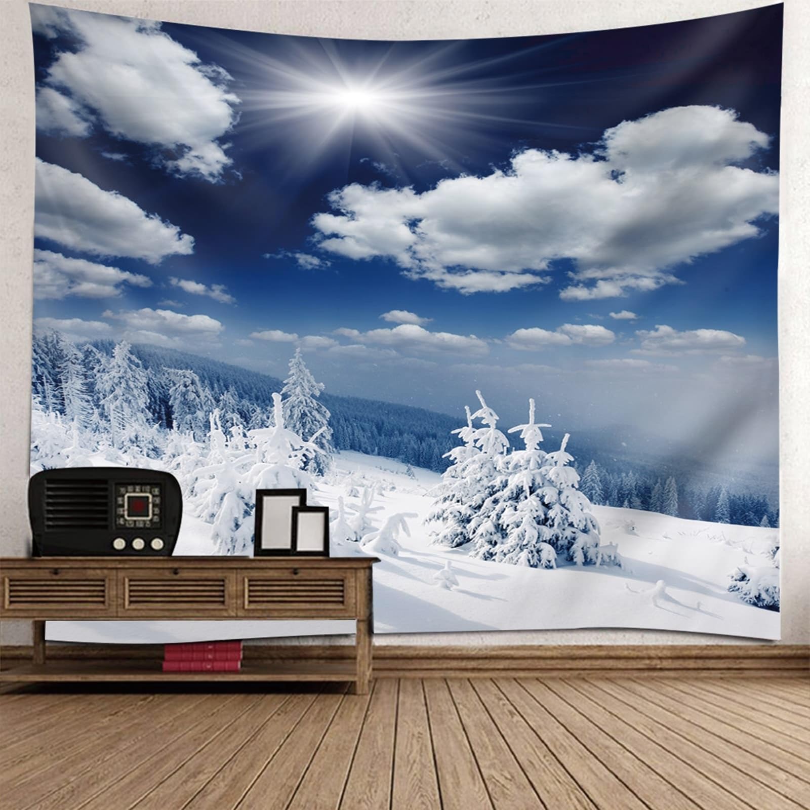 KnSam Wandteppiche, Sonnenschein Himmel Schnee Wald Wandteppich Landschaft Natur Tapisserie Wandbehang XXL Polyester Wanddekoration mit Art Nature Dekorationen, Blau Weiß, 350x256cm