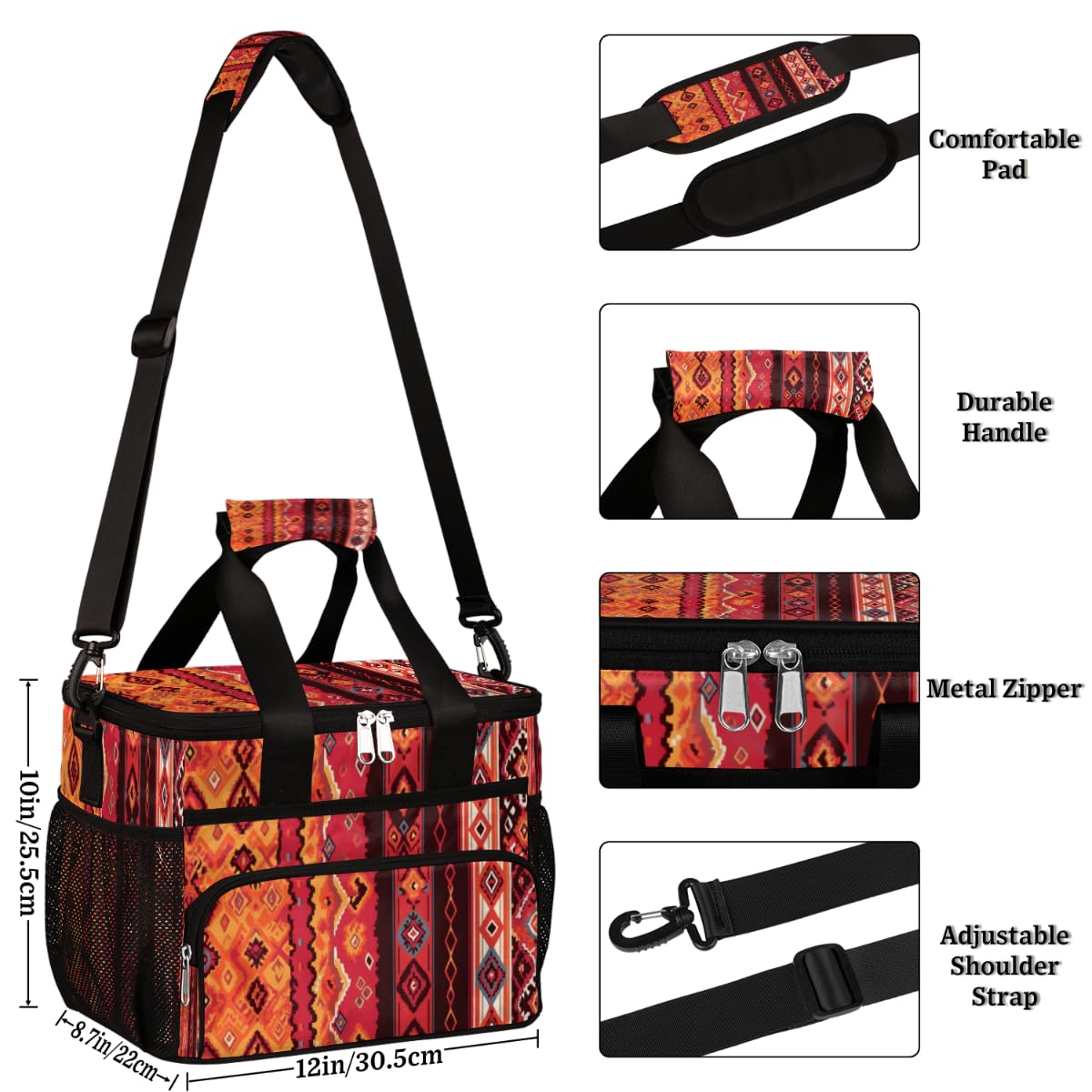 Boho Insulated Picnic Backpack Lunch Box for Women Men Picnic Basket Tote Lunch Bag Picnic Bag Portable Lunch Bags for Picnic, Beach, Work, Trip,Office, Camp Geometric Ethic Style