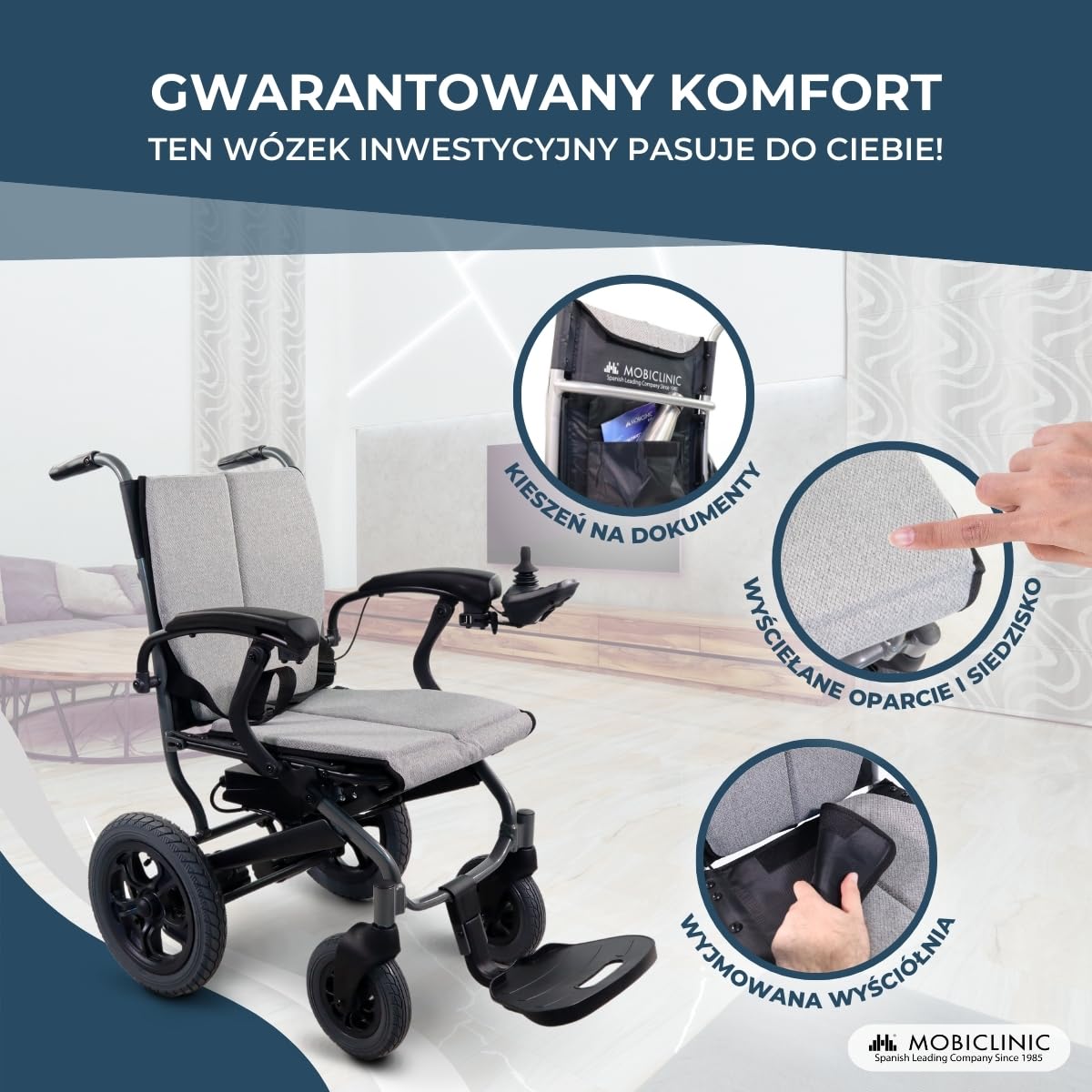 Mobiclinic®, Składany elektryczny Wózek Inwalidzki, Hamulec Elektromagnetyczny, Autonomia 20 km, Światł z ładowaniem usb, Do 6 km/h, Podwójny tryb jazdy, Verona
