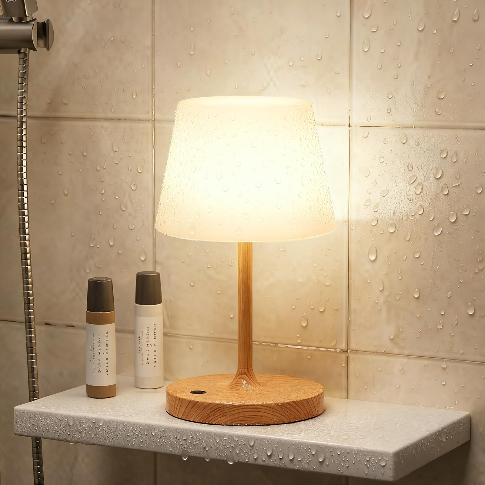 Fenmzee Cordless Waterproof Shower Lamp - Outdoor Touch Table Lamp, 4000mAh Battery Operated Rechargeable Dimmable Small Lamp for Patio Camping Restaurant Home（Wood Grain）