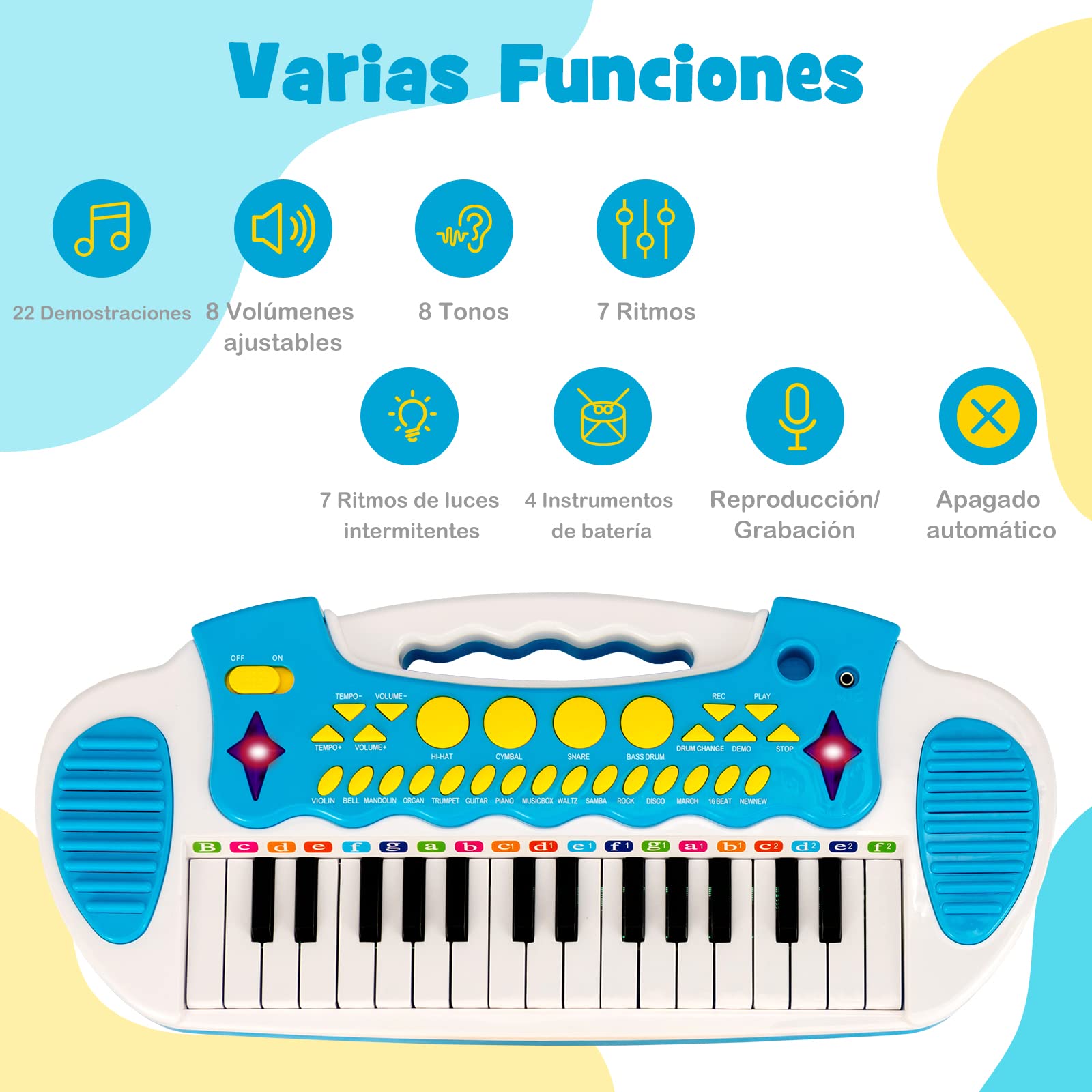 COSTWAY Teclado Piano Infantil de 31 Teclas, Juguete Musical Piano Infantil para Niños con Efectos de Luz, Múltiples Sonidos, Micrófono y Taburete, Órgano Electrónico Educativo para 3＋Niños (Azul)