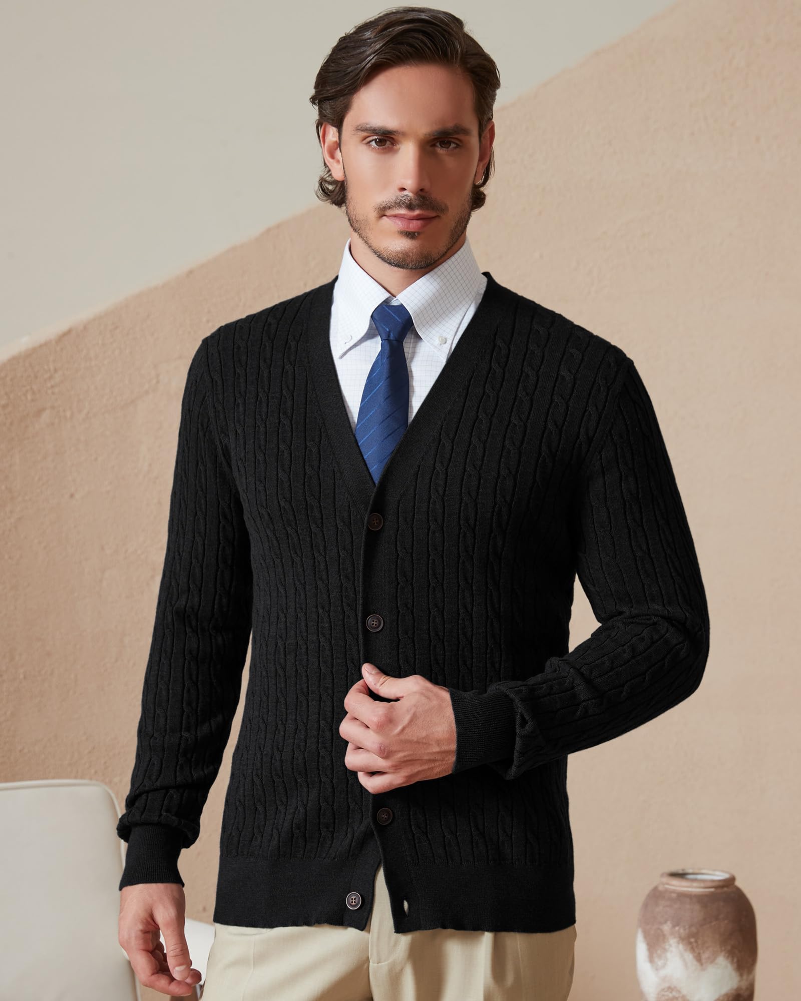Kallspin Herren 100% Baumwolle V-Ausschnitt Langarm Strickjacke mit Zopfmuster Knöpfen Casual Cardigan Sweater