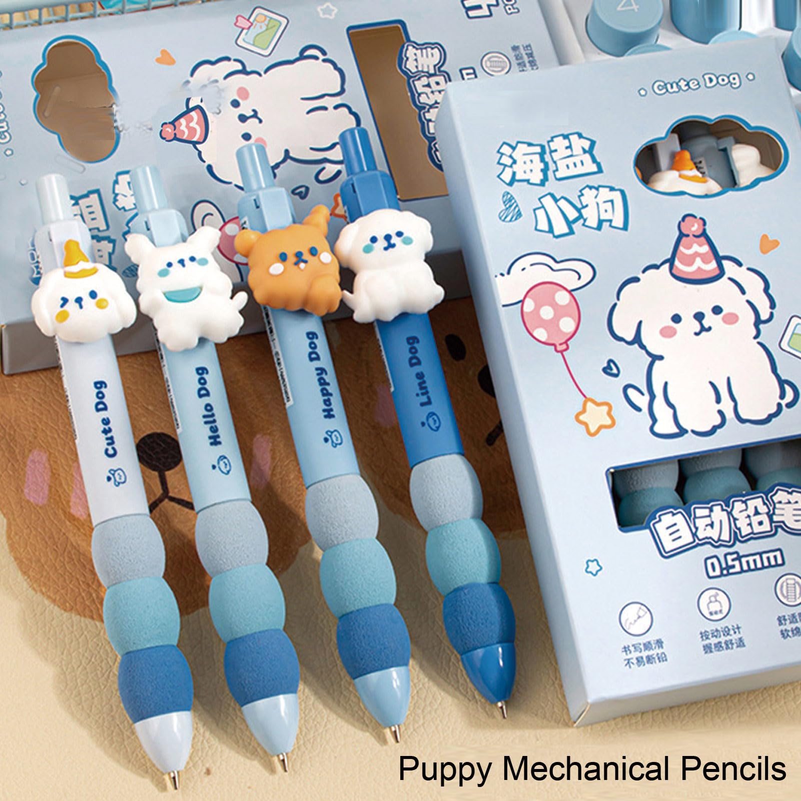 Lot de 4 porte-mines mignons de 0,5 mm en forme de chiot - Fournitures scolaires - Pour le bureau et l'école - Pour femme, fille, homme, garçon - Motif chiot