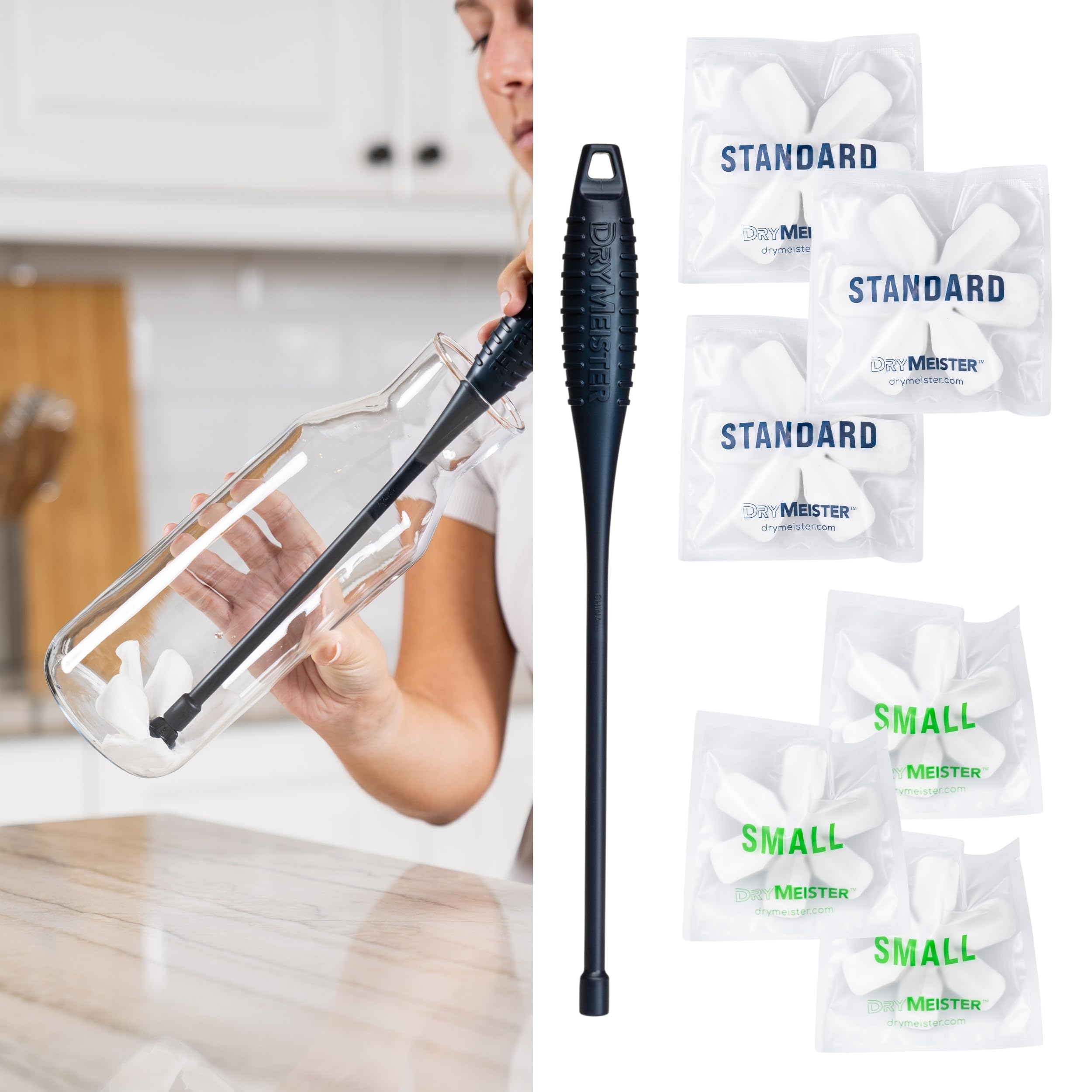 Starter Kit Trockenstab,Flaschenbürste zum Trocknen von Wasserflaschen, Babyflaschen, Blumenvasen, Karaffen, Weingläsern, Reisebecher, Fläschchen, Krügen,inklusive 1 Griff, 6 Trockenköpfe | Ersetzt stundenlanges Trocknen an der Luft