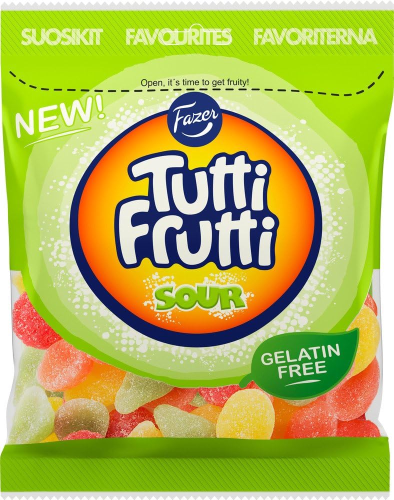 FazerTutti Frutti Sour - Gelatin Free - Fruity Wine Gums - Assorted - Candies - Sweets - Bag 180g