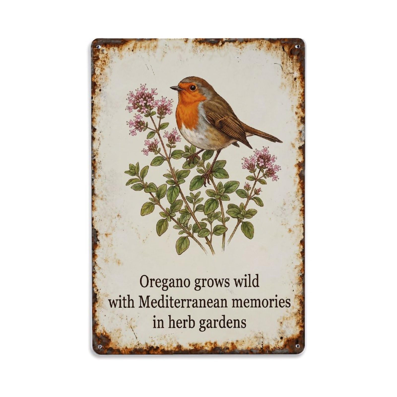 Fqnyr Style Robin Bird Garden Quote Oregano Wild Metal Tin Sign Plaque Wall Decor For Cafe, Club Bar, Office, Home Garden Metal Poster 8X12inch