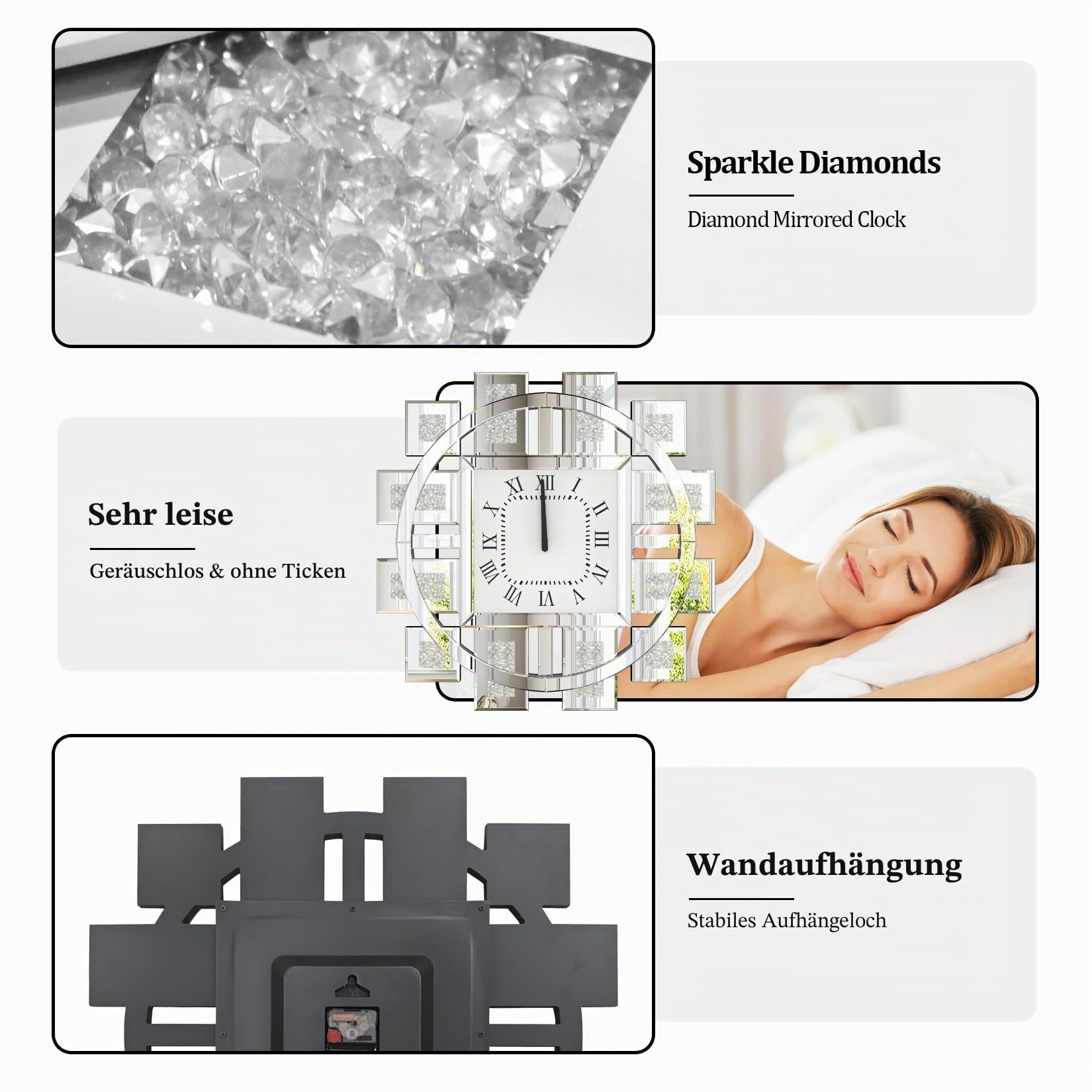 Kristall Wanduhr Groß Modern: Deko Uhren 60×60, Luxus Wohnzimmer Wanduhren Silber Tickenfreies Design Römische Ziffern für Wohnzimmer, Schlafzimmer, Küchen