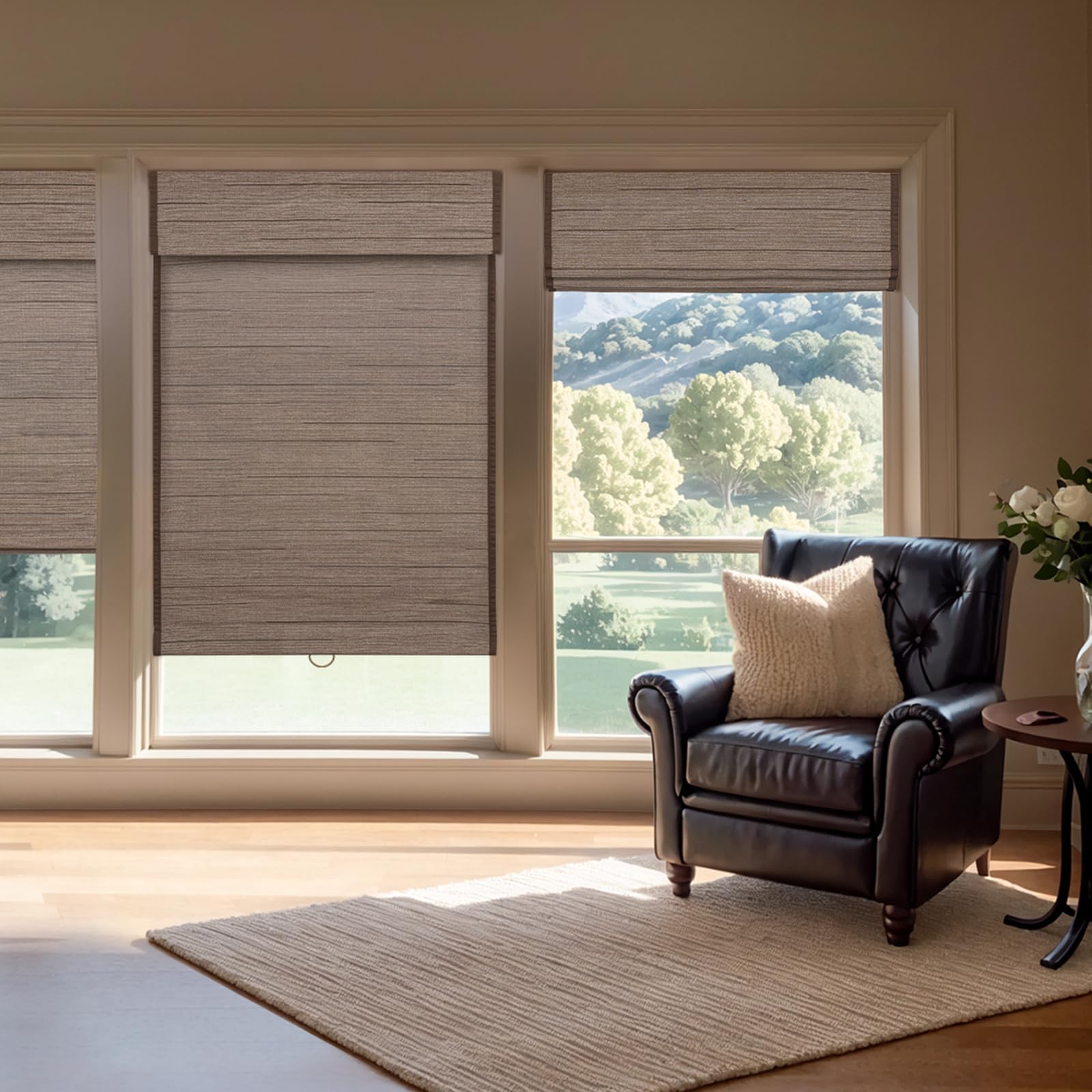 Keego Cordless Custom Roman Shades Thermal Insulating Natural Woven Fabric Light Filtering Roman Window Shades for Bedroom and Living Room Dark Brown(with Lining, Block 70%-80% Light) 44