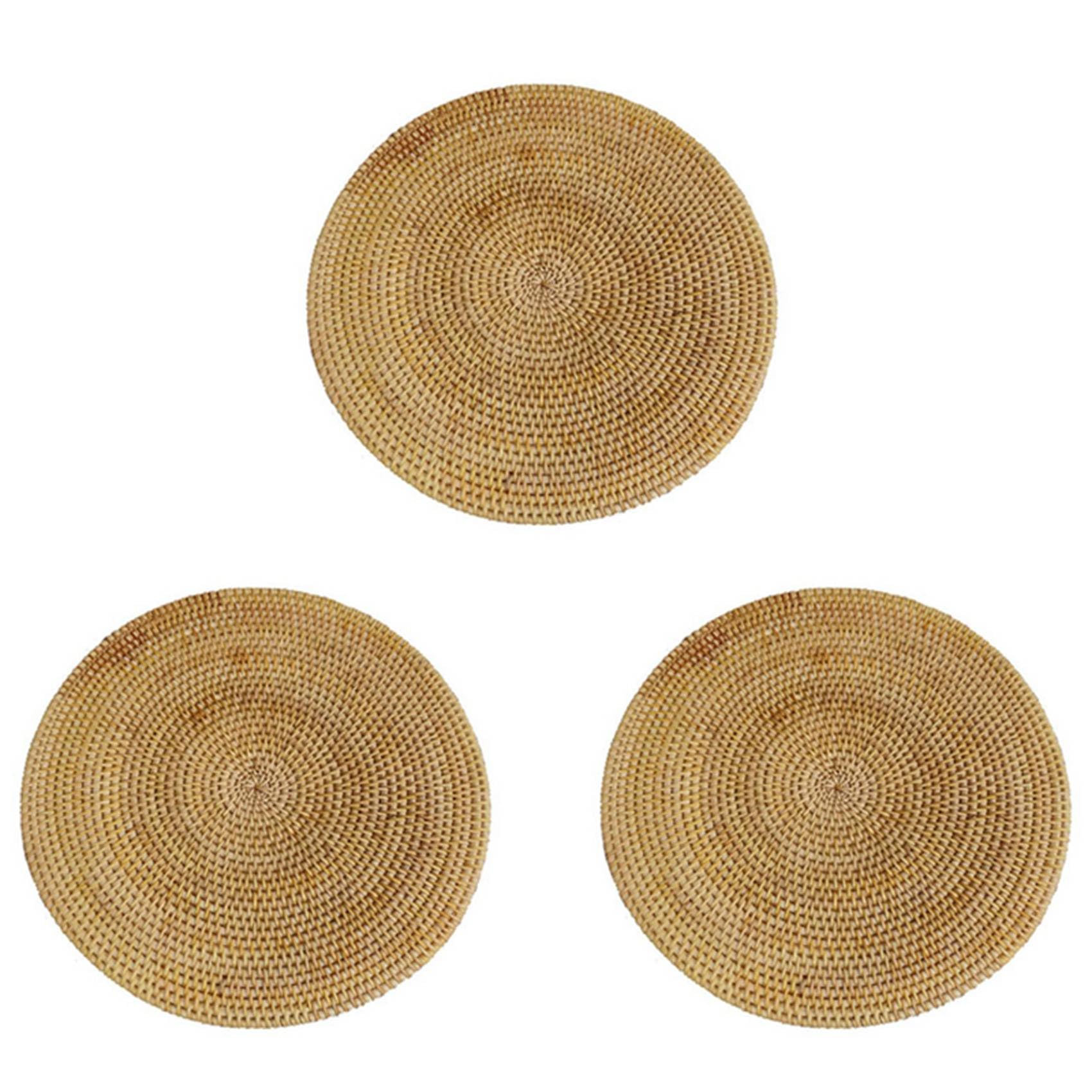 Hndhbfgrt 3X Handwoven Rattan Placemats,Round Wicker Table Mats, Natural Woven Placemats for Dinner Table,Heat Mats
