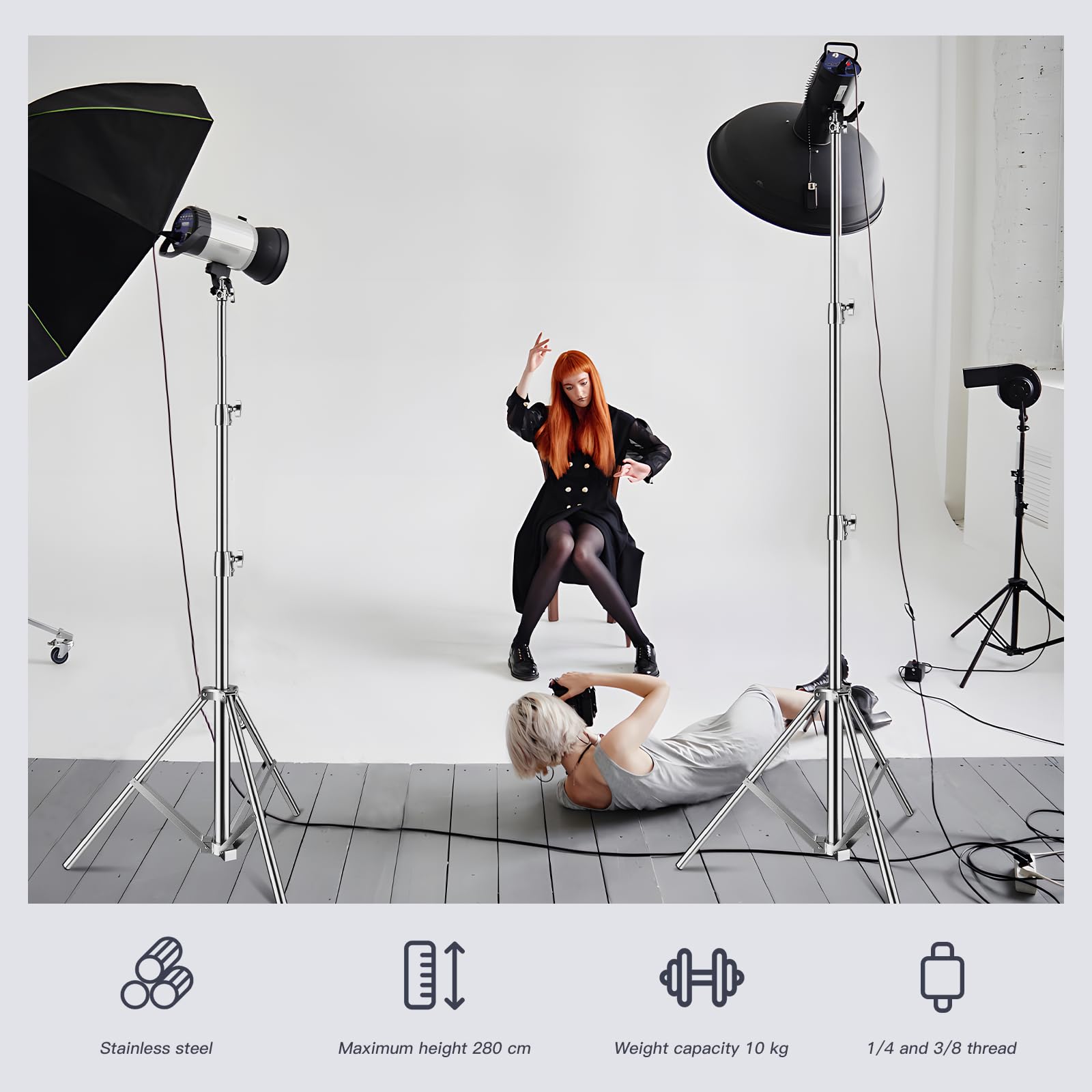 Supporto per Luce 2,8 m Treppiedi in Acciaio Inox con Molla Ammortizzata e Adattatore Universale da 1/4" a 3/8" per Fotografia Studio Softbox Riflettore