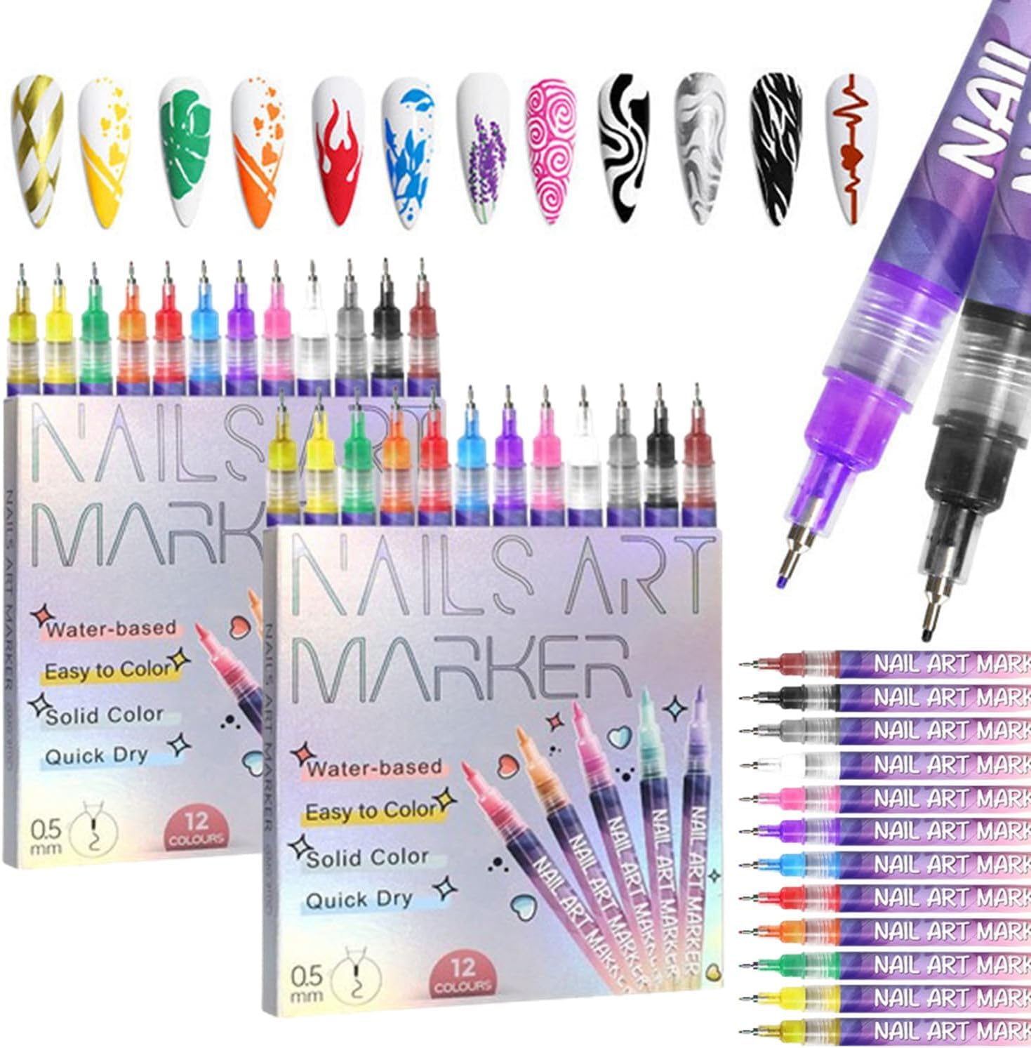 Bolígrafo de Uñas, 12 colors Nail Art Point Pen Set, Pen Manicure Bolígrafo para Dibujar para DIY Dotting, Rotulador Uñas Herramientas de Manicura Regalo para Halloween Navidad (2juegos)