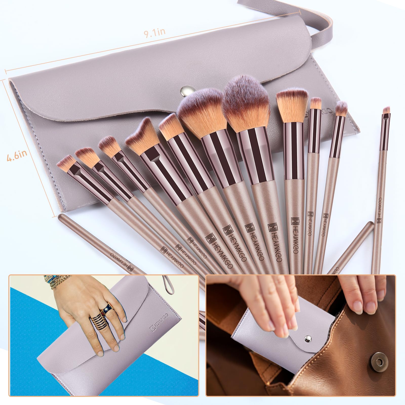HEYMKGO Pennelli Make Up, 15 Pezzi Set Pennelli Trucco Professionale con Trousse in Pelle PU, Champagne Gold Kit Pennello Trucco Occhi Makeup Brushes Regalo per Ragazze Donne Compleanno San Valentino