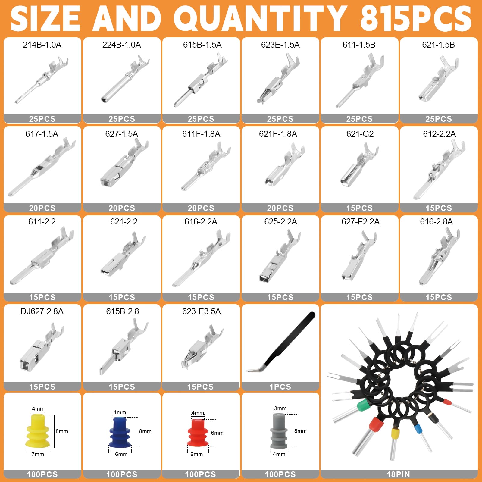 Kit de connecteurs électriques auto 815 pièces avec pince à sertir SN-58B, cosses 1,0–3,5 mm, bouchons d’étanchéité et extracteurs de broches pour voiture, moto, bateau