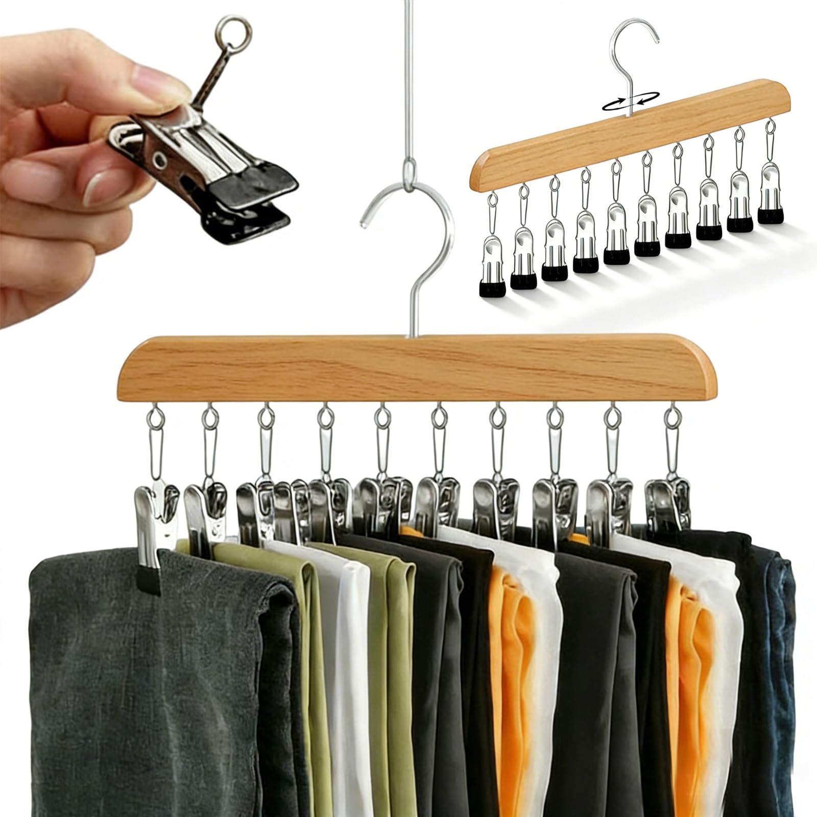 Closet Organizer with 10 Clips - Space Saving Hanging Closet Organizer, Multifunctional Leggings Hangers for Closet, 360° Rotating Pants Storage Organizer Suitable for Socks,Panties (1*Wood)