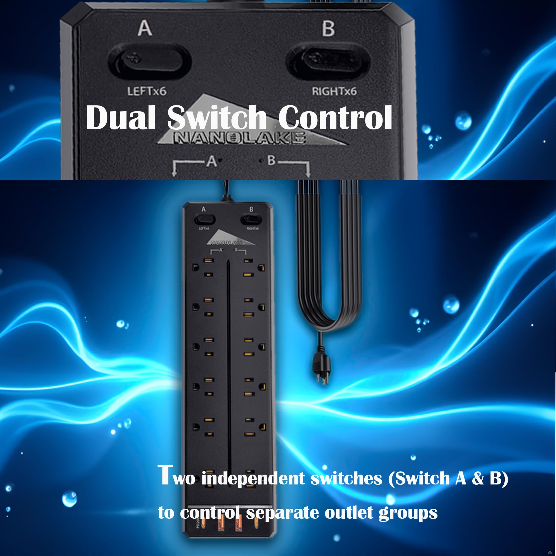 Protector de sobretensiones de regleta resistente, 20 A 2500 W, ampliamente 12 tomas/interruptores duales, carga rápida de 20 W/PD 20 W/QC3.0, protección de 4000 julios, cable de calibre 12 de 6.5