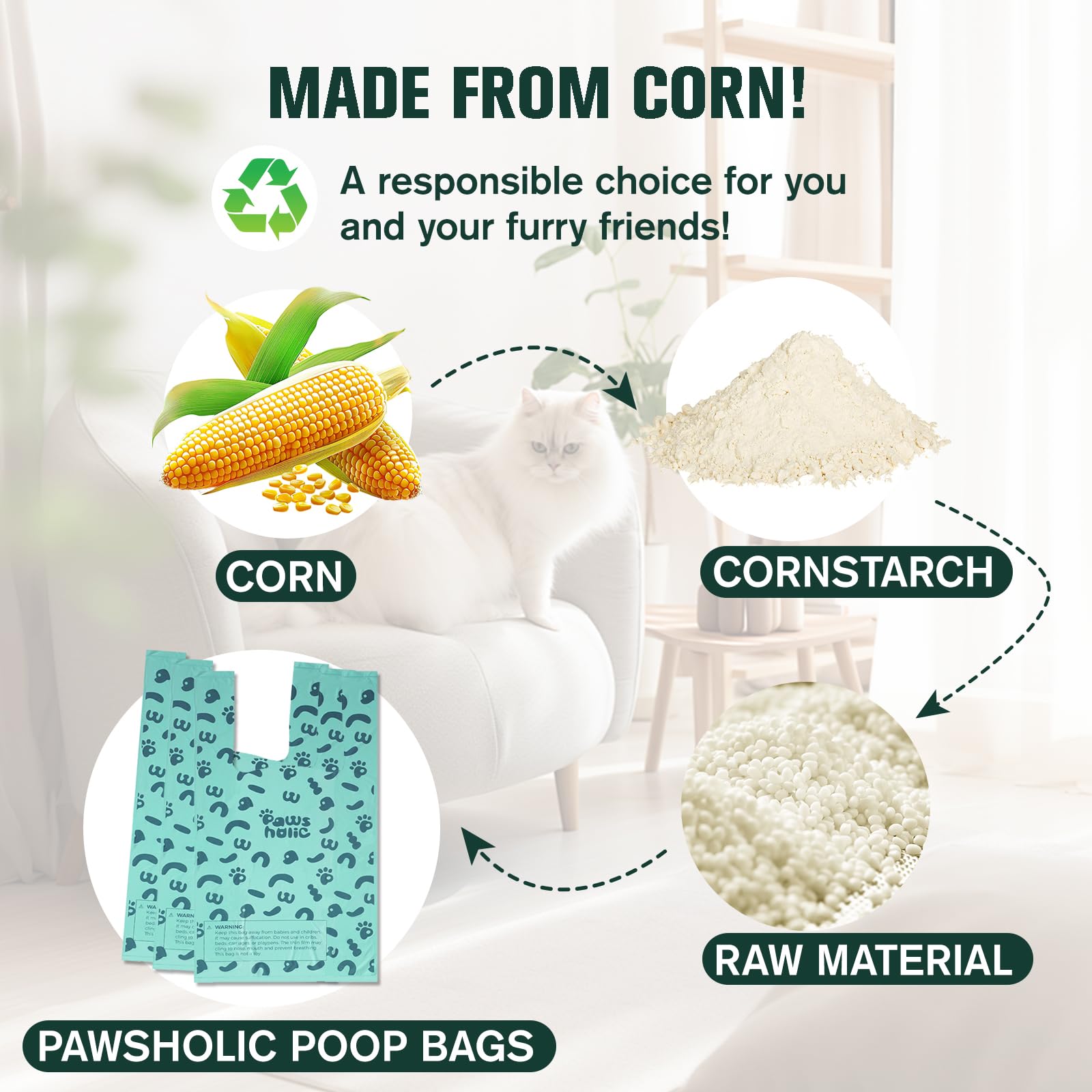 Bolsas para excrementos de gato, bolsas de arena para gatos con asa, almidón de maíz azul a prueba de fugas, ecológicas, bolsa de recogida de excrementos (180 unidades/caja, sin perfume)