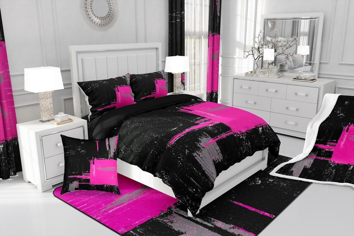 jejeloiu Black Hot Pink Accent Rug Area Rug 3x5 Geometric Living Room Rugs for Boys Girls Children Abstract Decorative Carpet Modern Art Decorative Rug