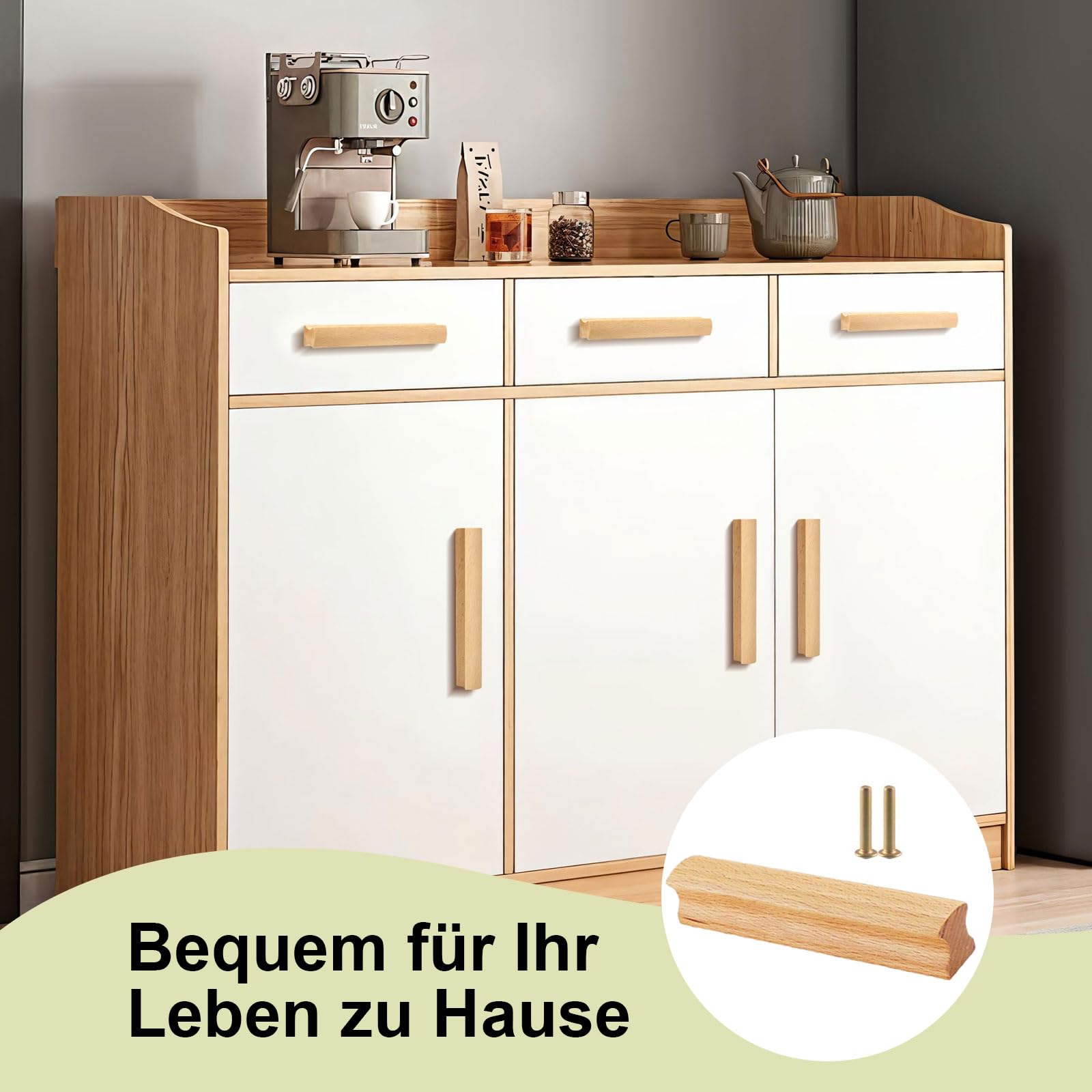 Maniglie in Legno, 12 Pezzi Pomelli Cassetti per Mobili Cucina in Legno Con 24 Viti, Interasse Fori 64 mm, Maniglie in legno Massiccio, per Scrivanie, Bagni, Cucine