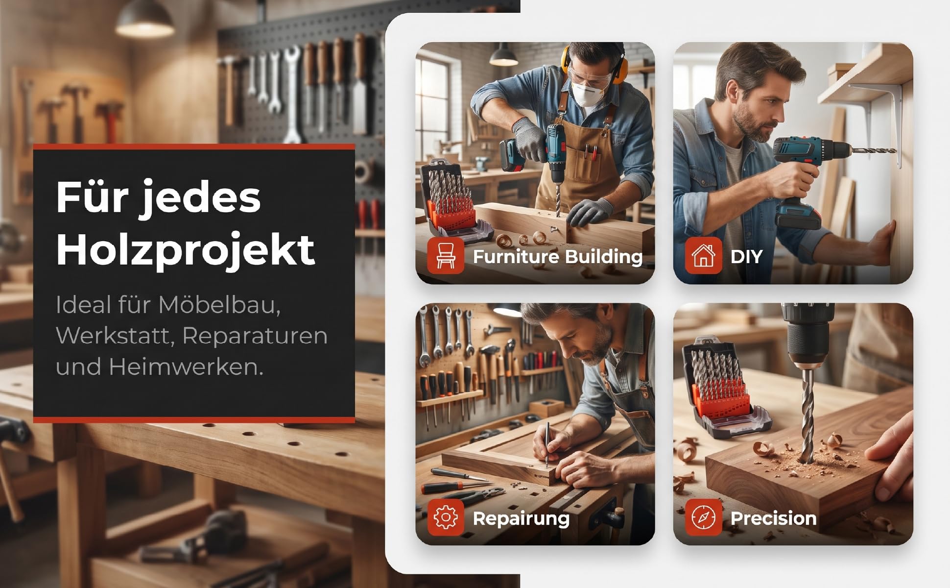 jjw-germany HSS-G - Juego de brocas para madera (25 piezas, 1-13 mm > 0,5 mm, para madera, MDF, aglomerado, acrílico, vástago de 10 mm)