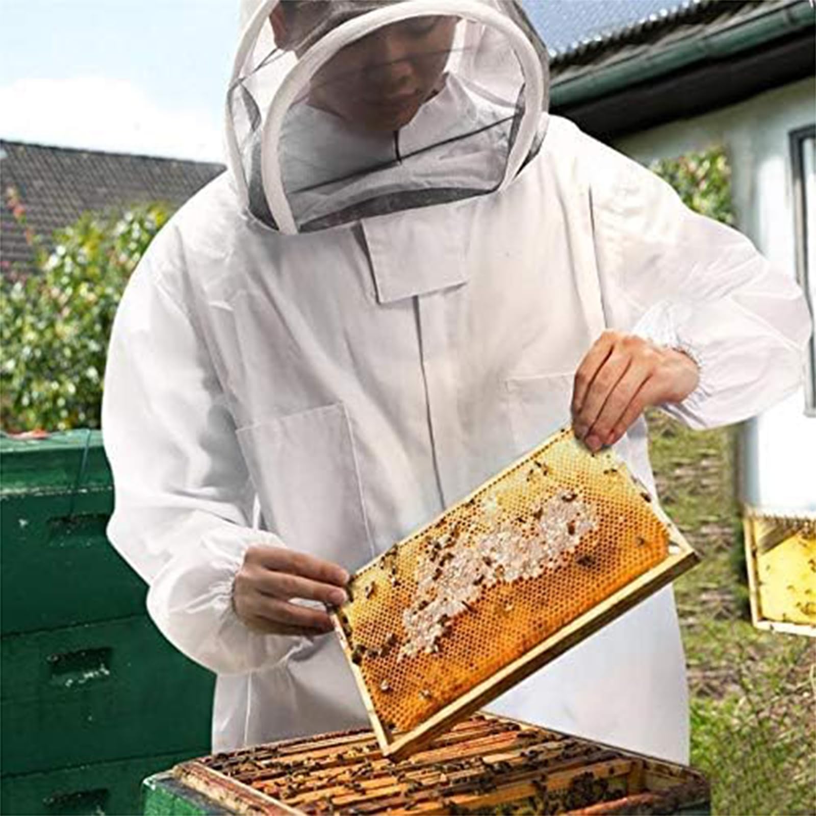 Mono De Apicultura De Cuerpo Entero con Velo Abrigo Protector De Apicultores Traje De Apicultura Traje De Apicultura Profesional con Guantes Anti Avispas Equipo