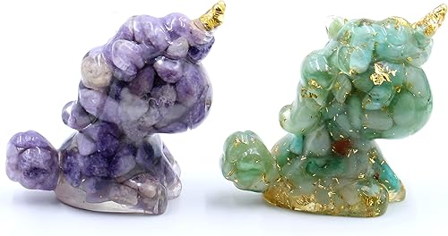 Figuras de resina epoxi de unicornio de 3 pulgadas hechas a mano con piedra de cristal natural, coleccionables de coloridos adornos de unicornio, 2