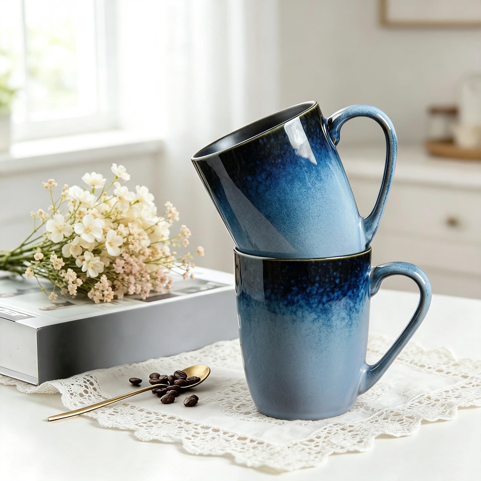 MONITO Zestaw 6 kubków do kawy, duże ceramiczne kubki do kawy, nowoczesne, z uchwytem, do herbaty, latte, cappuccino, mleka, kakao, zabawne kubki do herbaty do biura i domu, prezenty zaręczynowe