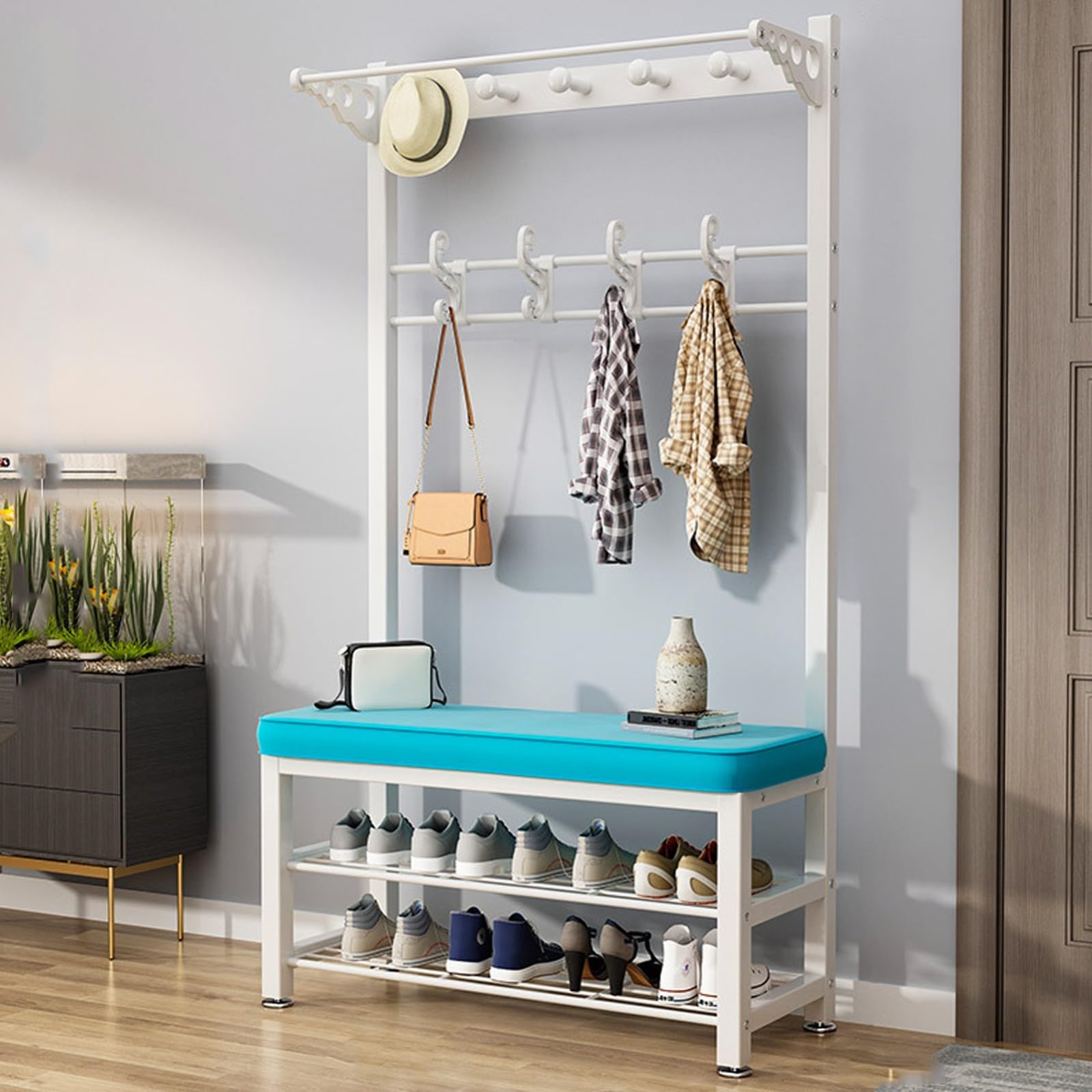LWJSOCP Metal Coat Rack Shoe Bench with 2 Tier Shelves and Hooks Entryway Bench with Coat Rack 80CM