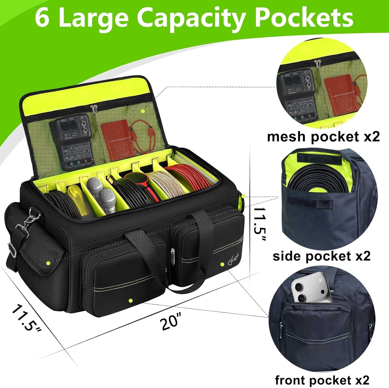 SNIGJAT DJ Bag, Large Capacity DJ Cable Gig Bag with 6 Pockets for Extension Cords, Mics, Pedals, Gig Bag for Musicians, Musician Cable Organizer with Padded Shoulder Strap, DJ Acessories - Image 3