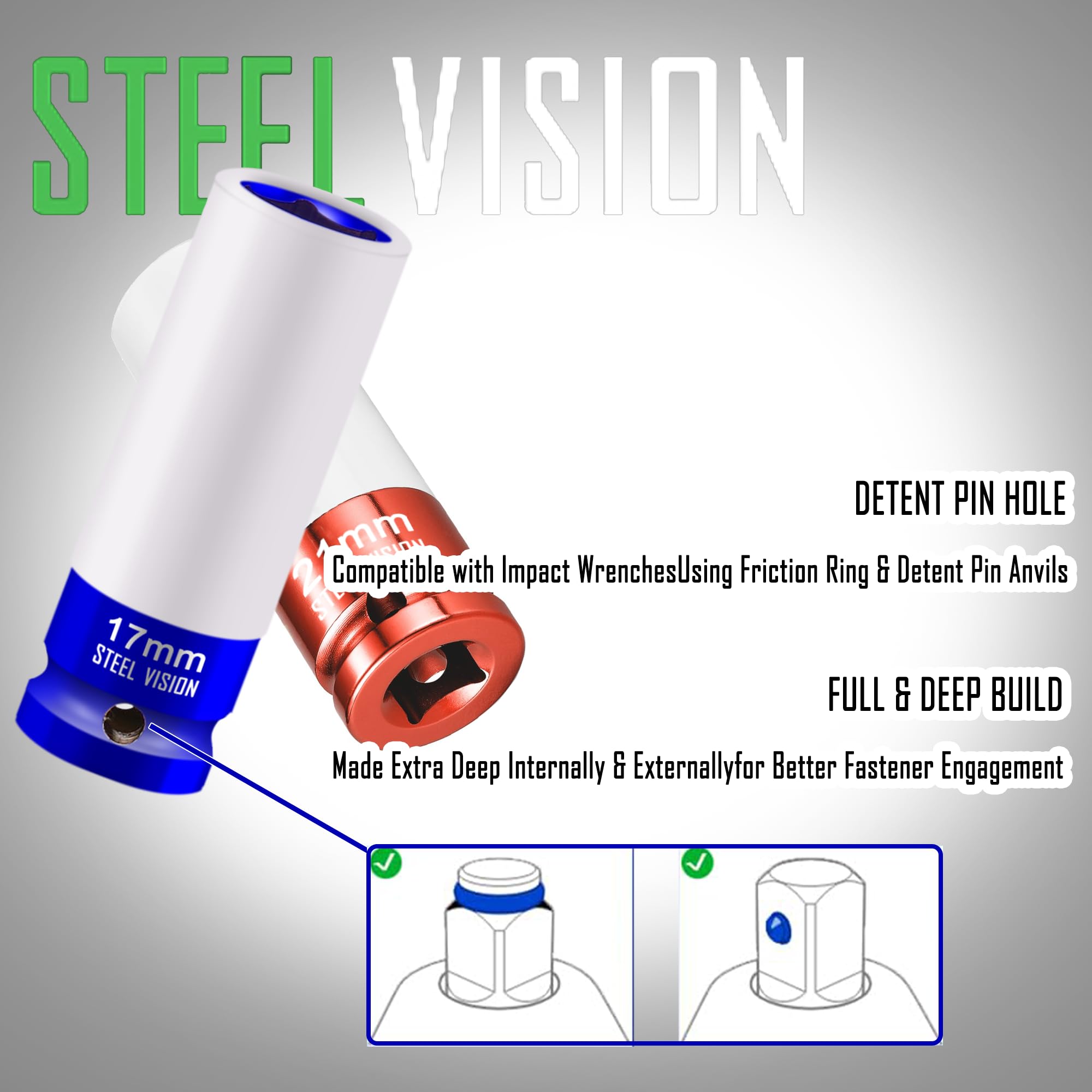 Steel Vision Juego de llaves de impacto de 7 unidades métricas, 1/2 pulgada, 17, 19, 21, 22, 23, 24 y 27 mm, Cr-Mo