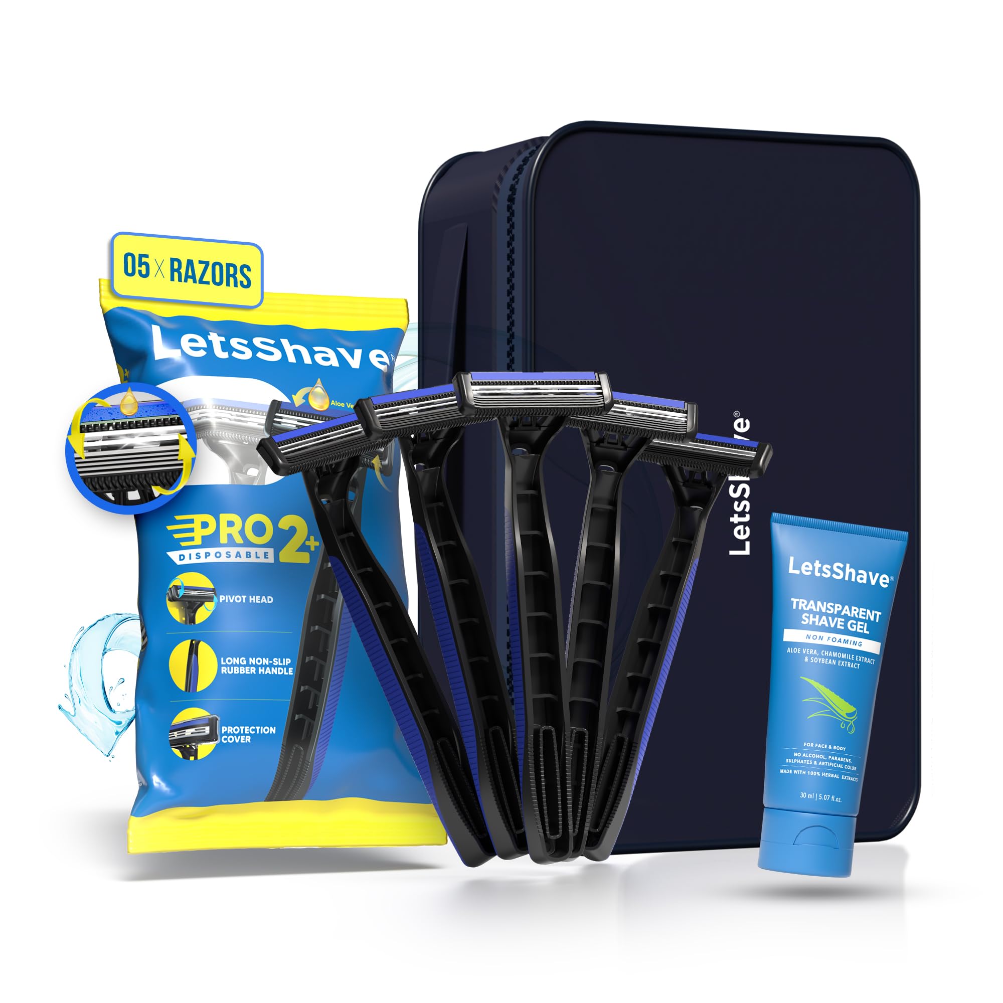 LetsShave Pro 2 Disposable Mini Shaving Razor Kit For Men, Pack of 5 Razor + 1 Transparent Shave Gel 30 ml + Travel Pouch | Shave Care, Shaving Kit for Men