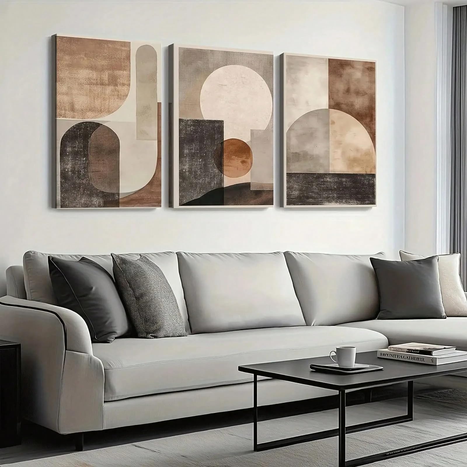 3 lienzos abstractos geométricos en tonos beige y marrón para decoración de habitaciones (50x70cm x 3 / Sin marco)