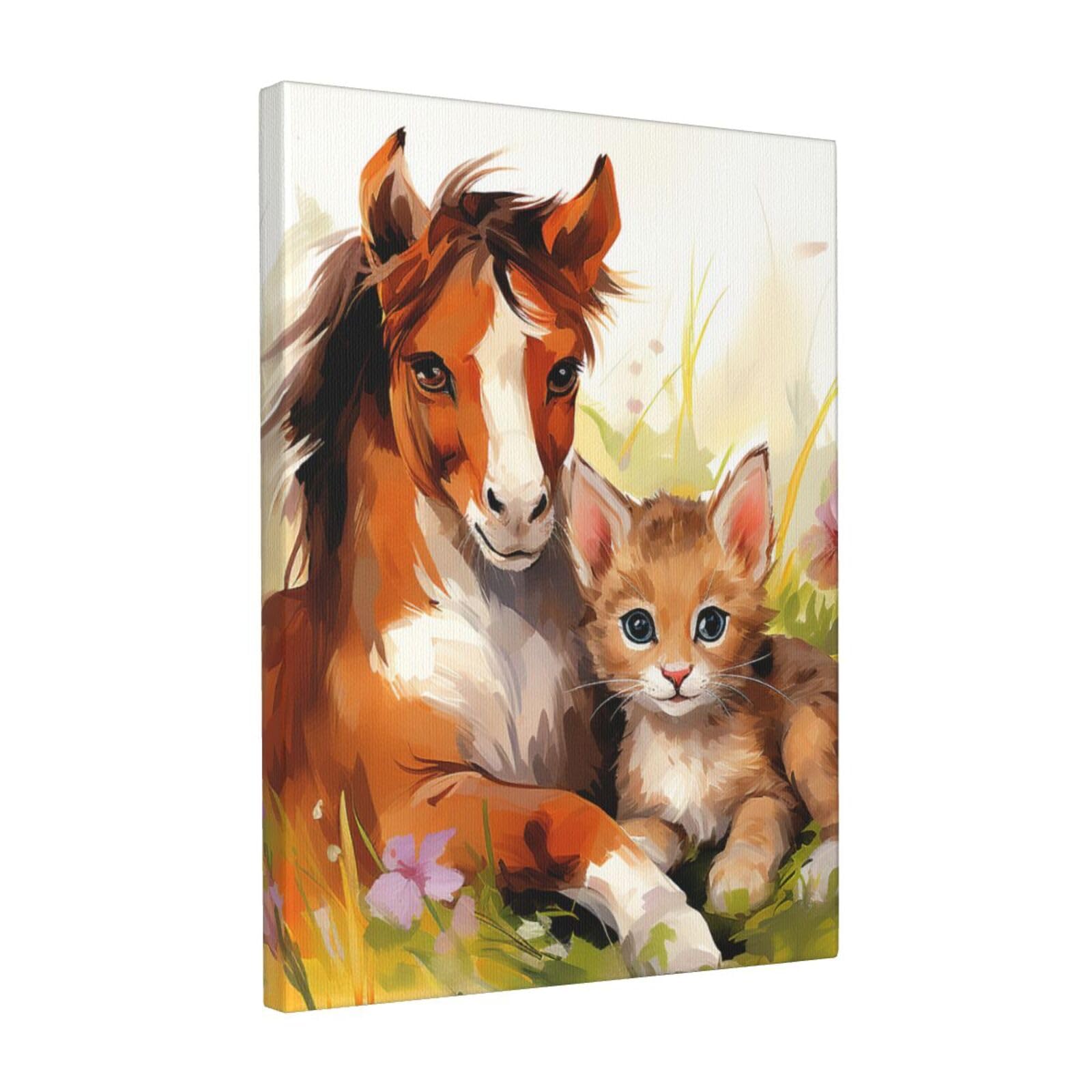 FodPand Cute Horse and Cat Canvas Wall Art for Living Room Wall Decor 12"x16" Modern Artwork Painting Pictures Hanging Canvas Prints Aesthetic Wall Art for Bedroom Bathroom Office Wallart Decor