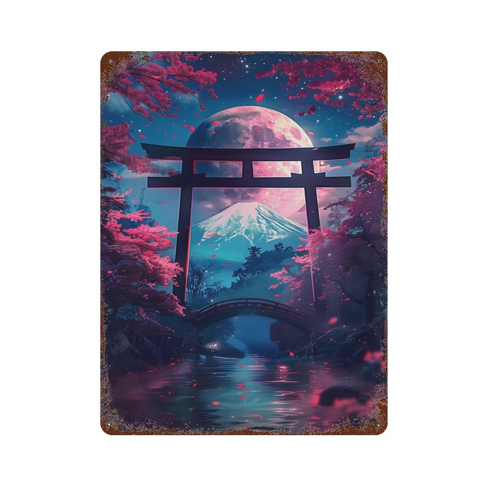 Rust Effect Tin Sign Torii Gate Moonlit Shrine 15.7"x11.8", Vintage Wall Decor for Basement, Hobby Room And Garage Decor