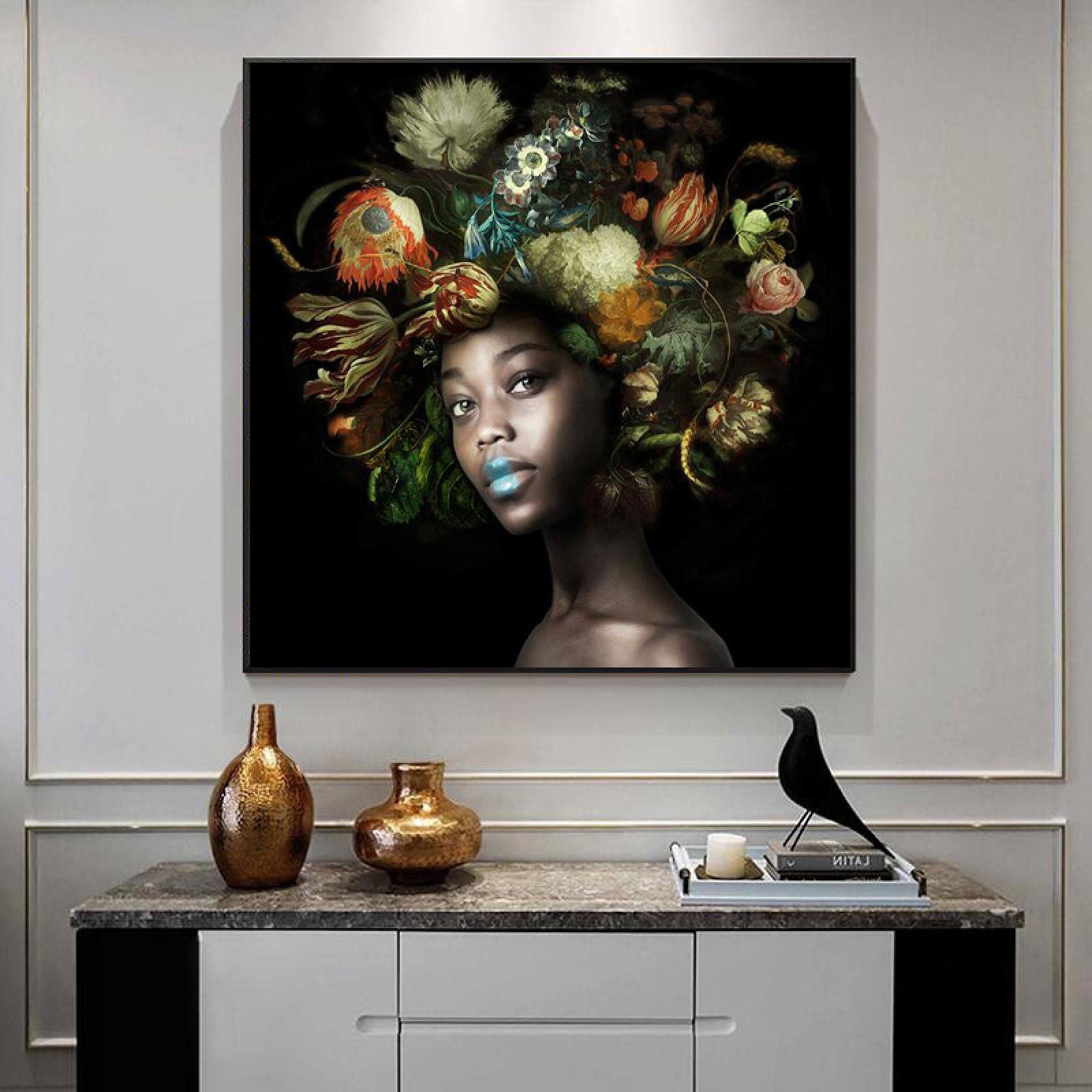 SWQYLB Quadro Su Tela Donna Africana Nera – 2 Pezzi Astratti Con Girasole E Farfalla – Decorazione Parete 30,5x40,6 Cm Con Cornice - 4