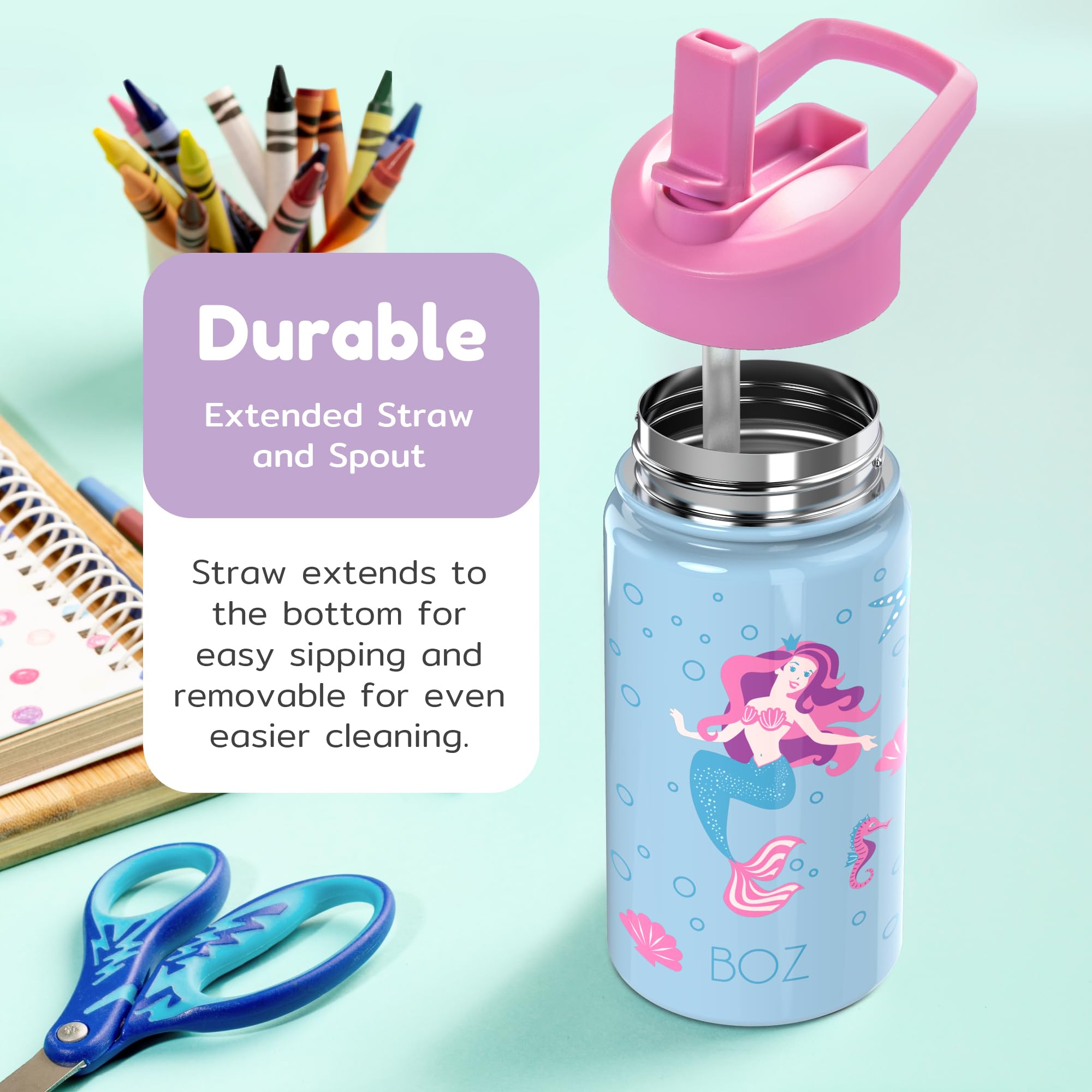 BOZ Kids Insulated Water Bottle with Straw Lid, Two-Pack Bundle, Unicorn/Mermaid - Image 4