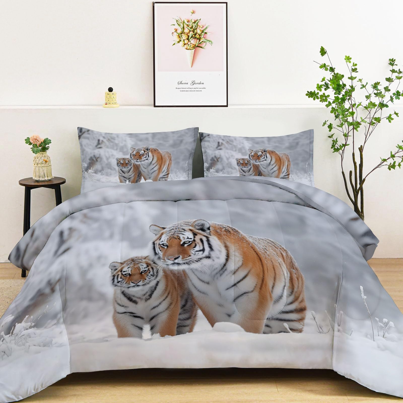 Genérico Kołdra na 4 pory roku, 3-częściowy zestaw pościeli 135x200 cm zwierzęta tygrysy śnieg miękka kołdra z mikrofibry, zimowa i letnia narzuta dla dzieci i alergików, szara