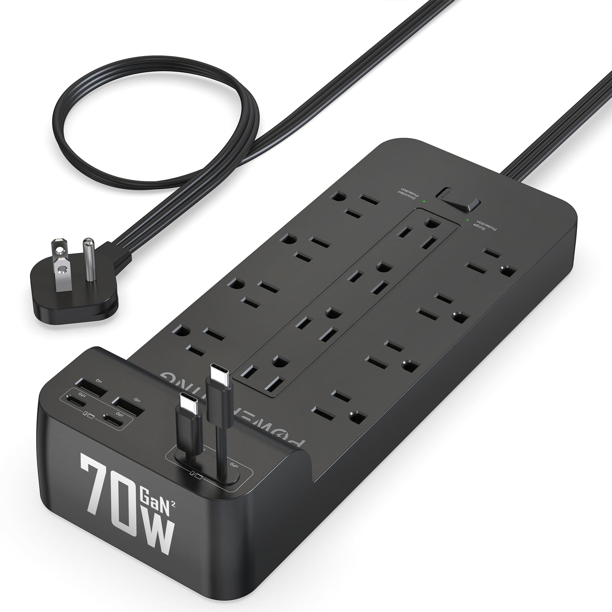Listwa zasilająca z portami USB, ochrona przed przepięciem 18 w 1 2100J, 70 W Gan wysuwany kabel USB-C, 12 gniazd AC, 2 porty USB-C i 2 porty USB-A, przedłużacz 1,5 m, płaska wtyczka