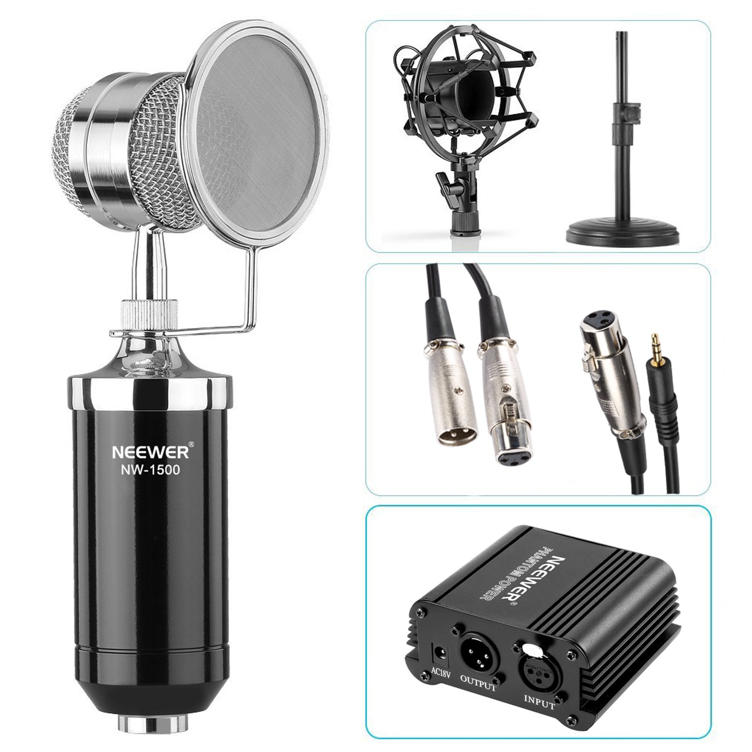 Neewer® NW-1500 Microphone Kit: (1) Microphone with Iron Desk Stand, Shock Mount and Pop Filter+(1)48V Phantom Power Supply with Adapter+(1) Audio Input Cable+(1) Mic Cable 1/4" Male to XLR Female