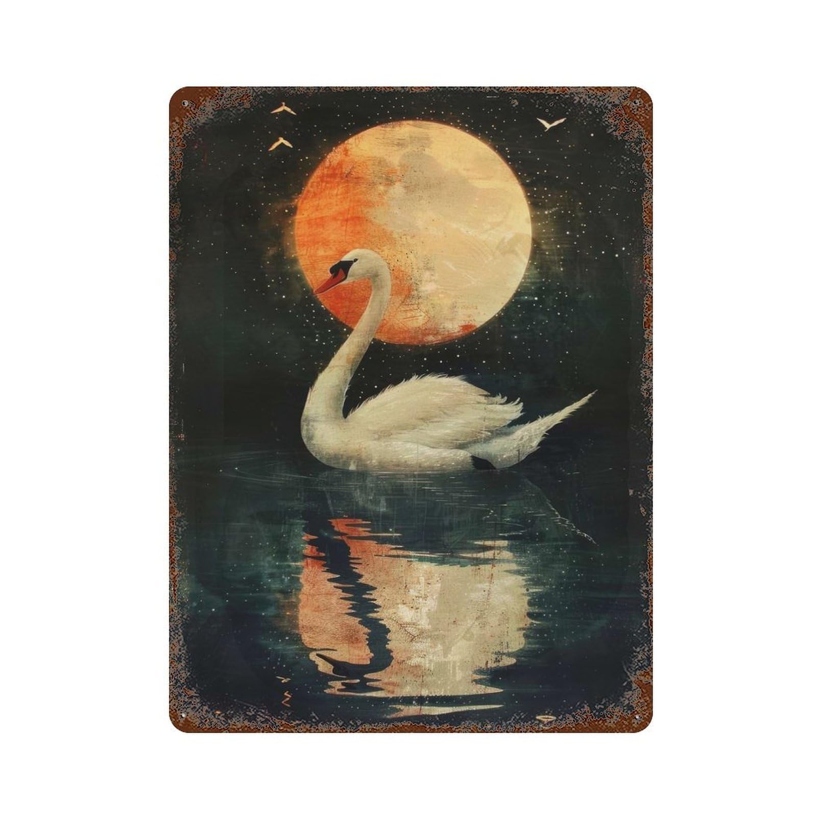 Swan And Moon 15.7"x11.8" Decorative Tin Sign, Classic Wall Plaque for Cafe, Home Bar And Lounge Decor
